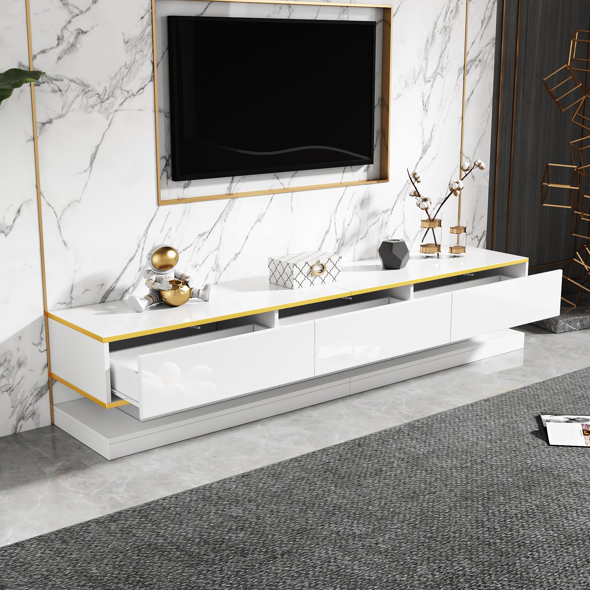 TV Schrank, TV Lowboard mit 3 Schubladen, Warmweiße Hochglanzoptik, Robustes und Langlebiges Material, Fernsehschrank, 200 x 40 x 40 cm, Weiß