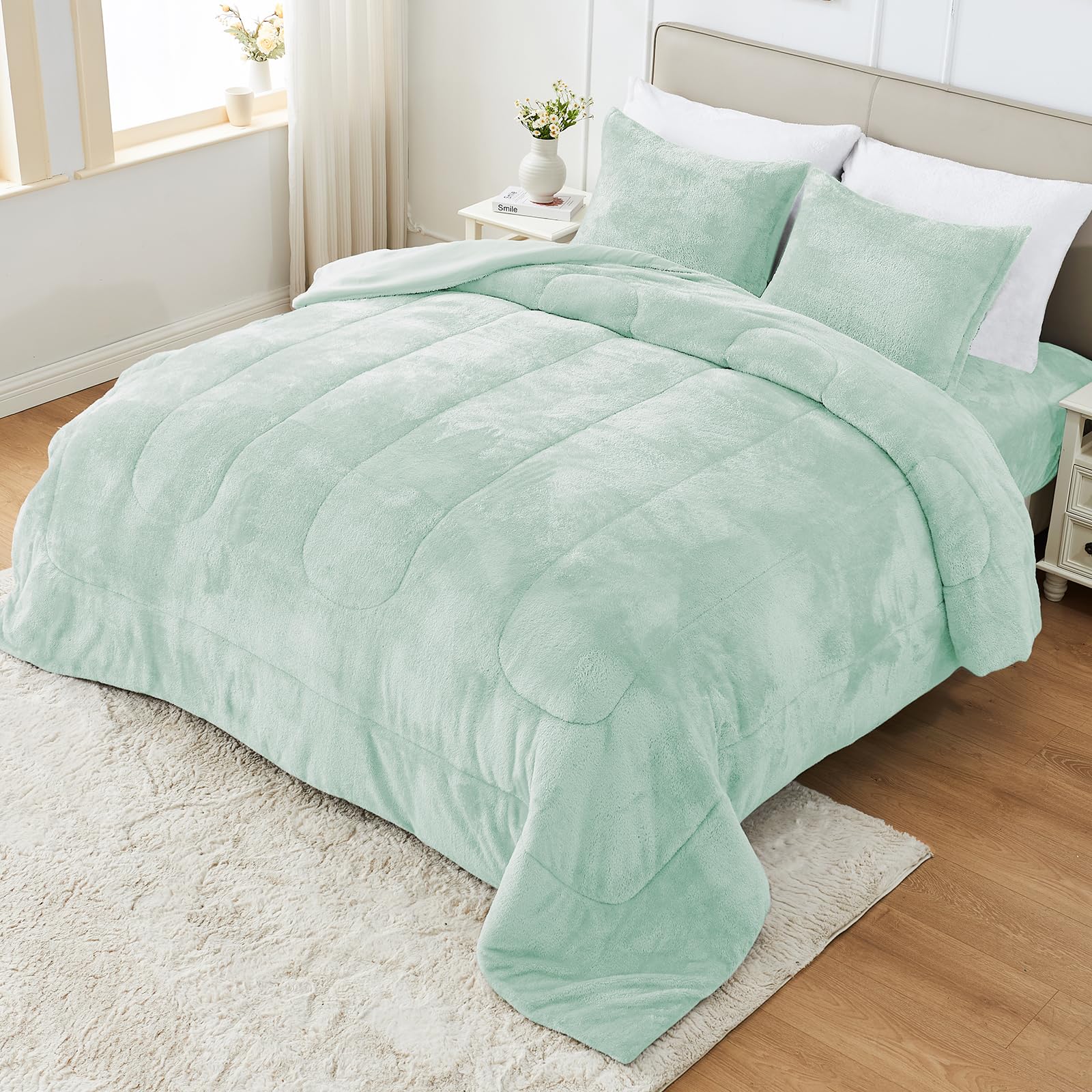 YIYEA Faux Fur Comforter Set Queen Size with Fitted Sheet, Luxury Ultra Soft Fuzzy Comforter, Fluffy Plush Velvet Bedding Comforter Sets for Fall Winter, Cozy Warmth, No Shedding, 4PC, Aqua