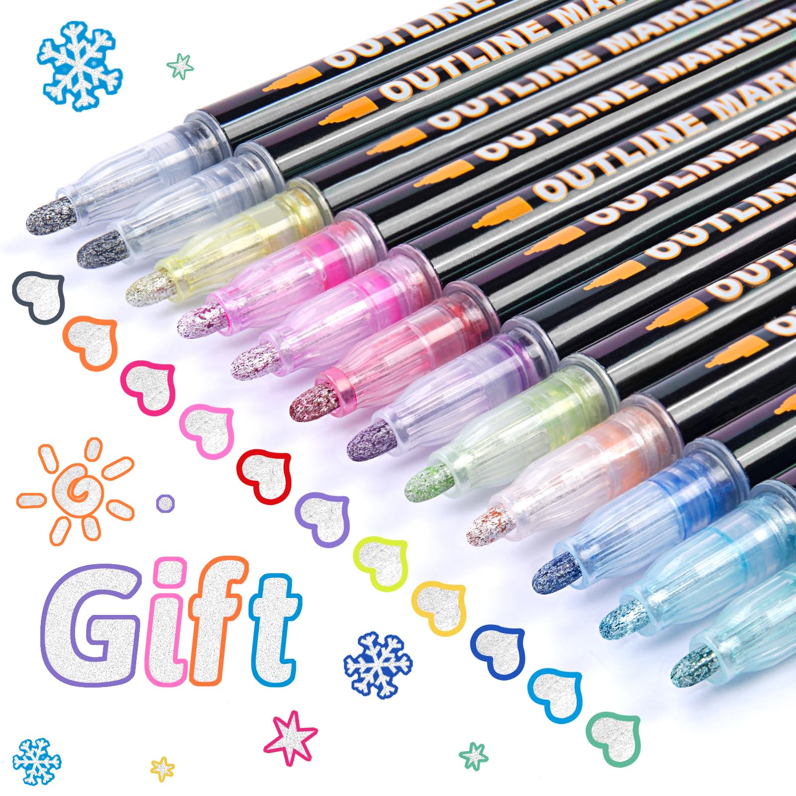 Outline Markers as Christmas Gifts for Teens & Tween Girls, Shimmer Metallic Glitter Marker, 12 Cool Pen for Doodling Drawing, Trendy Cute Arts Crafts Supplies & Stocking Stuffers for Teenage Girls