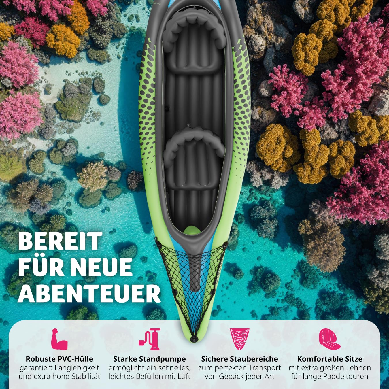 tectake® Kajak Boot aufblasbar, aufblasbares Kanu Paddelboot für 2 Personen mit 2X Doppelpaddel und Zubehör 2X Sitz, Pumpe, Transporttasche, für Wassersport, Freizeit, als Angelboot, Ruderboot