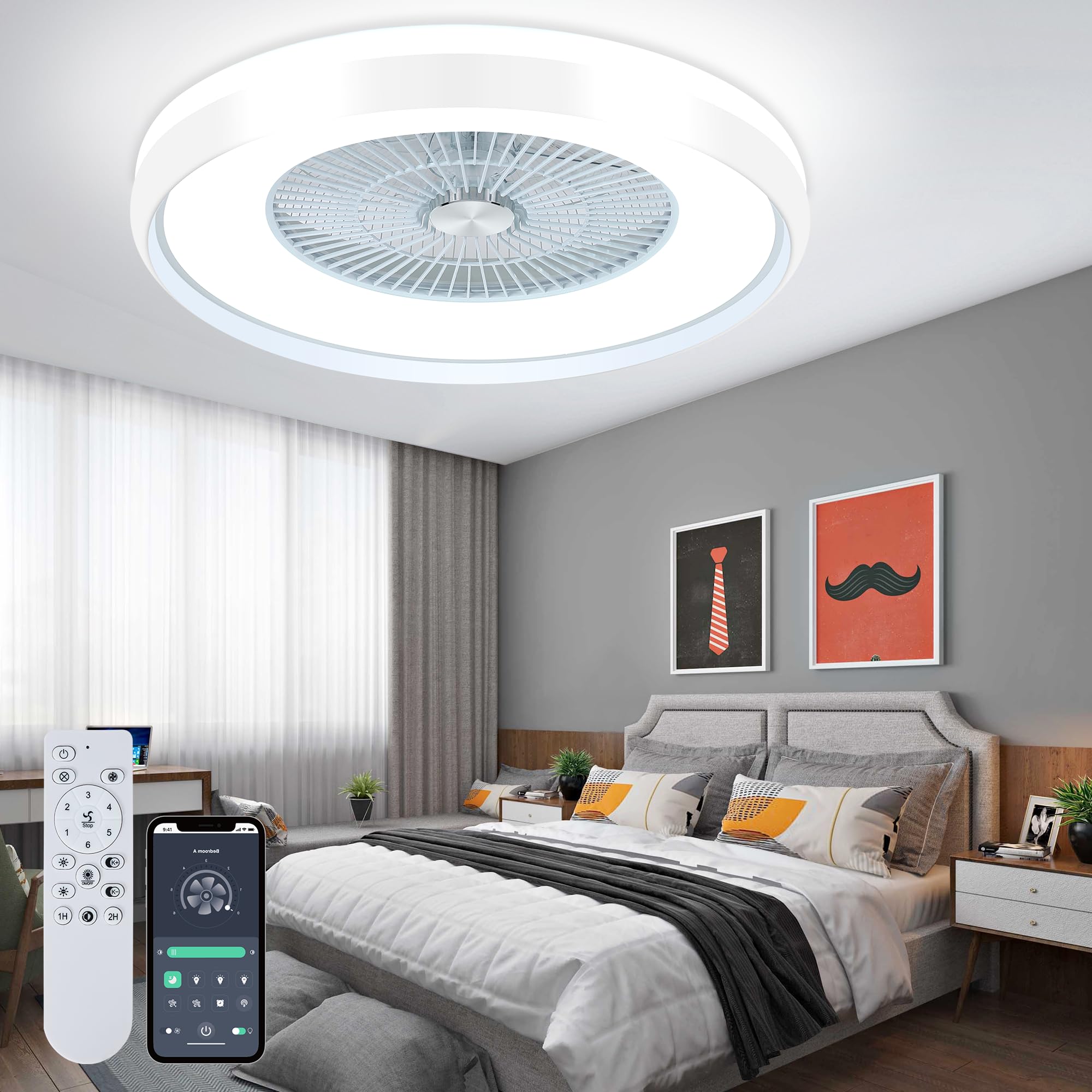 24" Low Profile Ceiling Fan with Light, Bladeless Ceiling Fan, Flush Mount Ceiling Fan with Remote & App Controll,6 Speeds Timing Reversible, Enclosed Ceiling Fan for 3-Dimmable Light