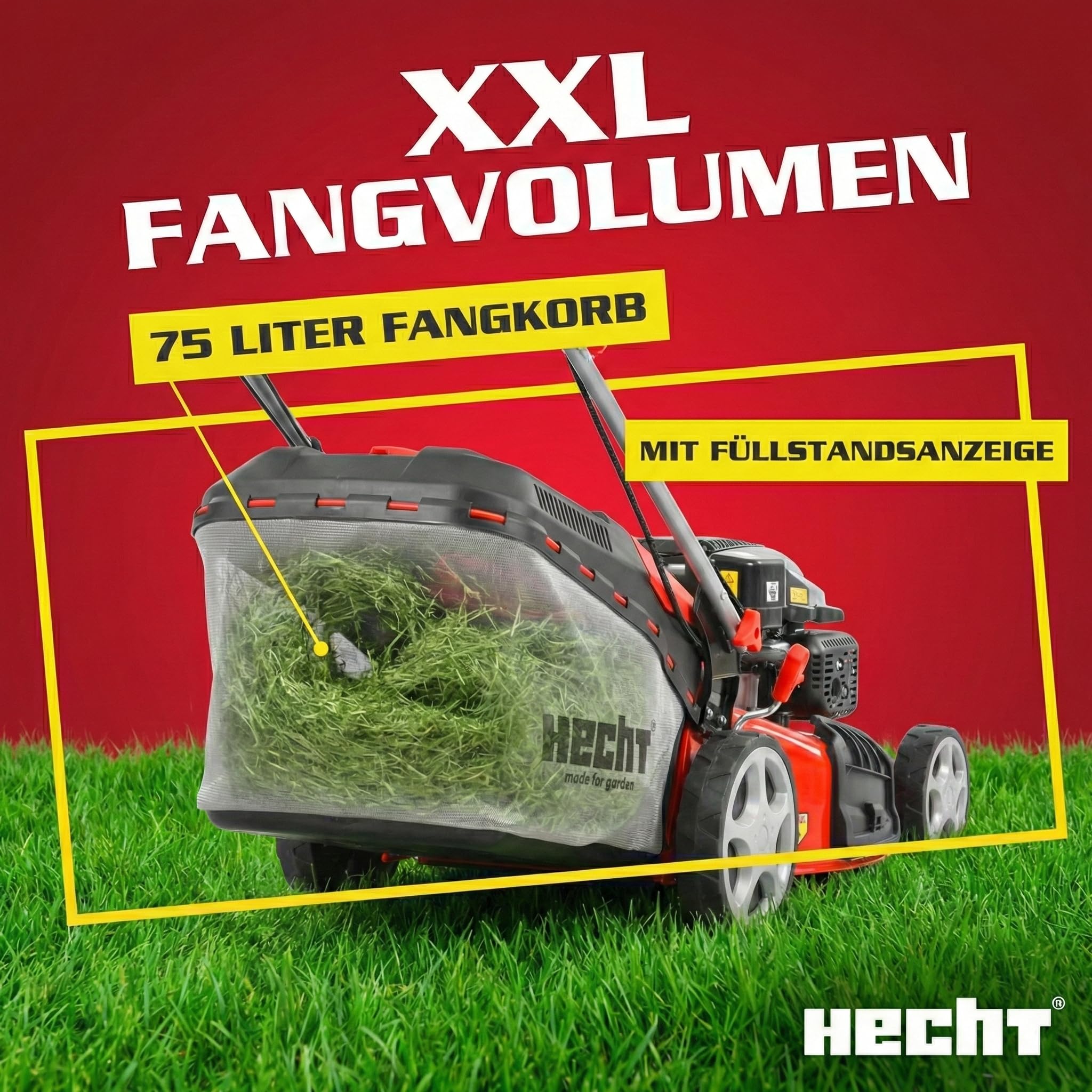 HECHT 5in1 Benzin Rasenmäher 6,0 PS – 53 cm mit Elektrostart & Radantrieb | 4-Takt Eco Motor mit 4,4 kW, 75 L Fangkorb, Mulchfunktion und Seitenauswurf – für Rasen & Garten