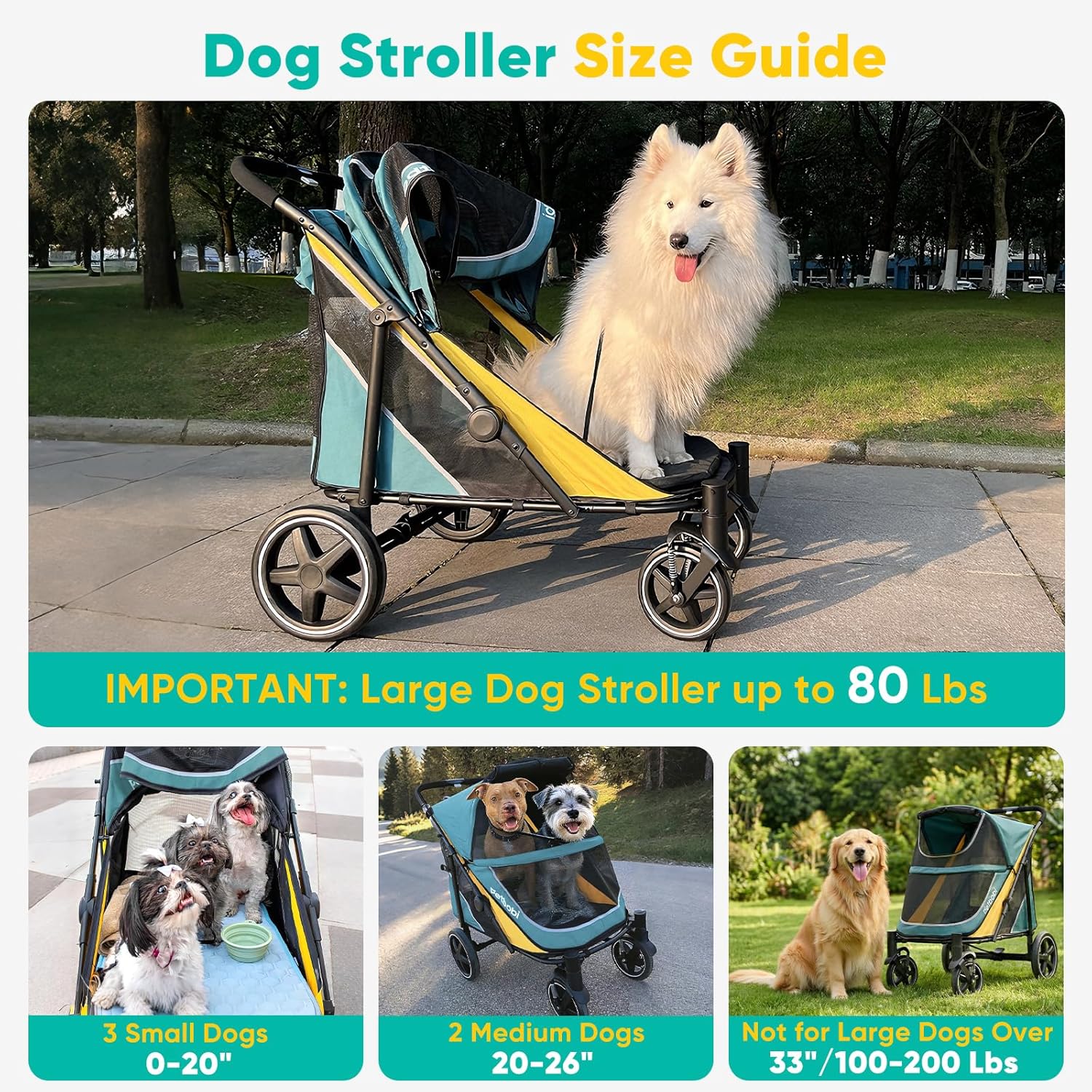 petbobi dog stroller for large & medium dogs - easy fold dual entry pet stroller with one-foot brake, all terrain wagon cart with air mesh, ideal for large senior pets up to 80 lbs, green green&yellow