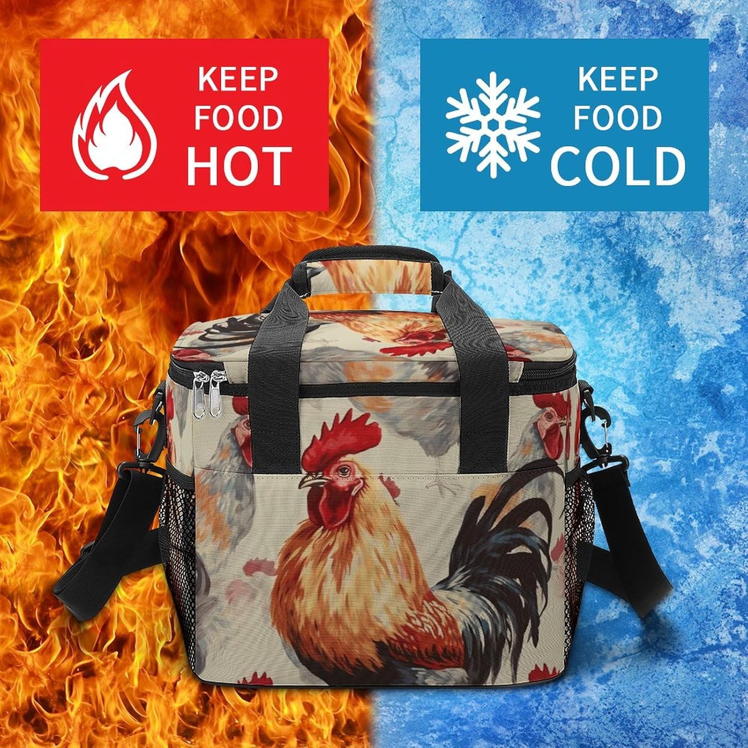 Camping Ice Pack, Animal Art Chicken Painting Print Cooler Bag, 22.5L Large Capacity Insulated Lunch Tote Bag for Outdoor, Picnic, BBQ, Travel, Work