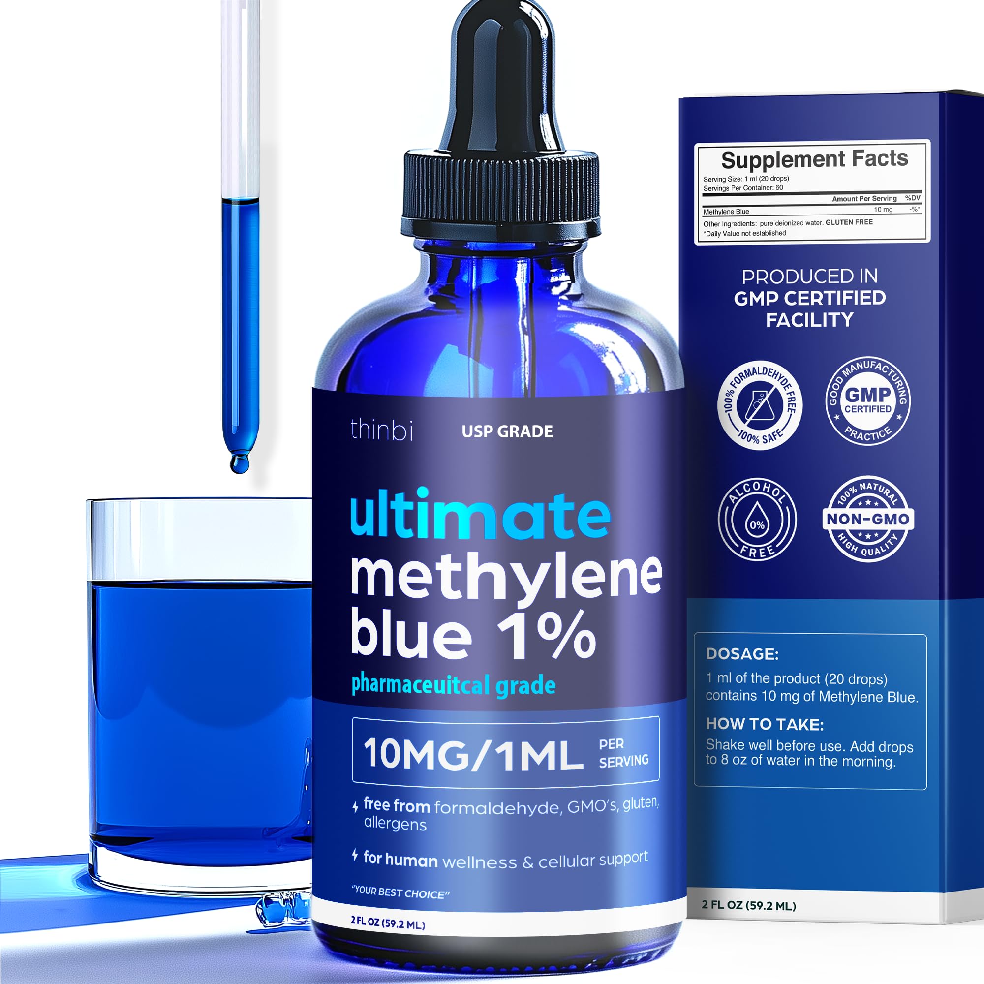 Methylene Blue Pharmaceutical Grade 2oz USP Grade 1% Solution with Balanced Electrolyte SolutionThird-Party Tested Brain Health Supplement for Humans No Formaldehyde High Cognitive Support