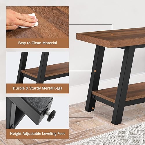 Miniatura 5 de LUE BONA Banco de entrada, banco de madera para dormitorio, entrada, comedor, banco de 47 pulgadas con almacenamiento, estante de zapatos de metal