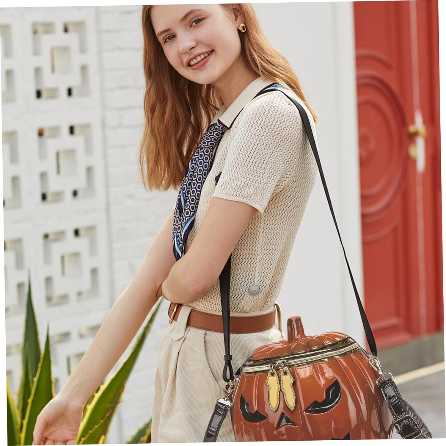 Funny Weird Pumpkin Purse - Handheld/Crossbody Shoulder Bag, Zipper Halloween Crossbody Bag for Women