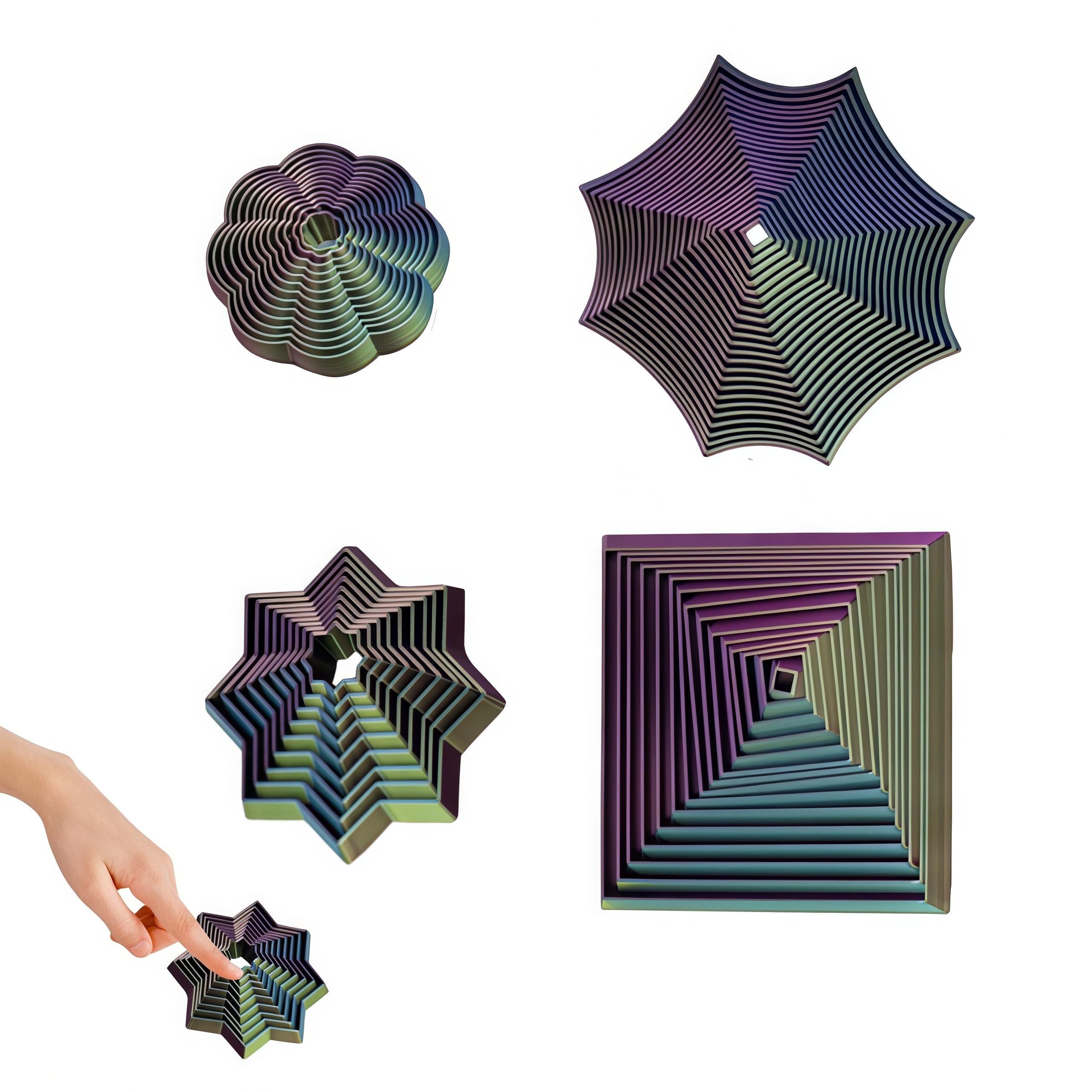 LEBKFT 4pcs 3D Printed Fractal Hexagon Fidget Star, Whirling Spiral Sensory Fidget Star Expanded Sensory Fidgets Stars for Home Office Stress Relief Calming Focused for Adults Unique Birthday Gifts