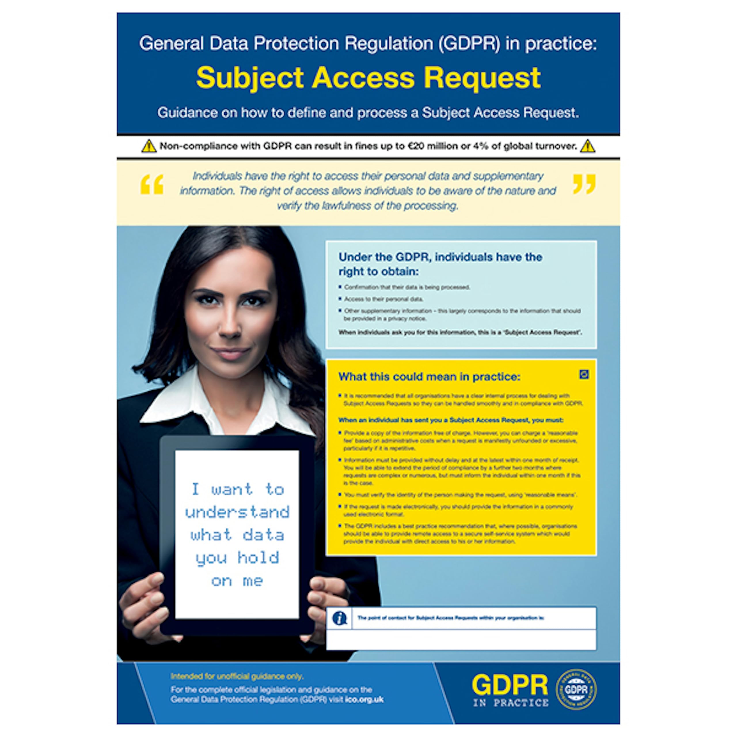 V Safety GDPR In Practice Poster - Subject Access Request 297 x 420 mm (A3) - Reinforced Super-Tough Flexi-Plastic Safety Sign
