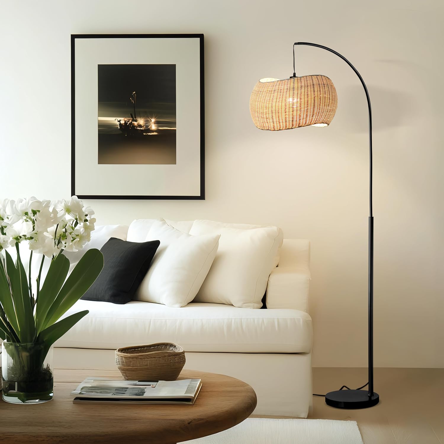 Brightech Wave Arc Floor Lamp - Chic Standing Lamp with Unique Hanging Wicker Pendant Shade for Living Room, Boho Rattan Natural Decor Lamp, Arcs Over Sofa, Bedroom & Office Desk for Reading - Black