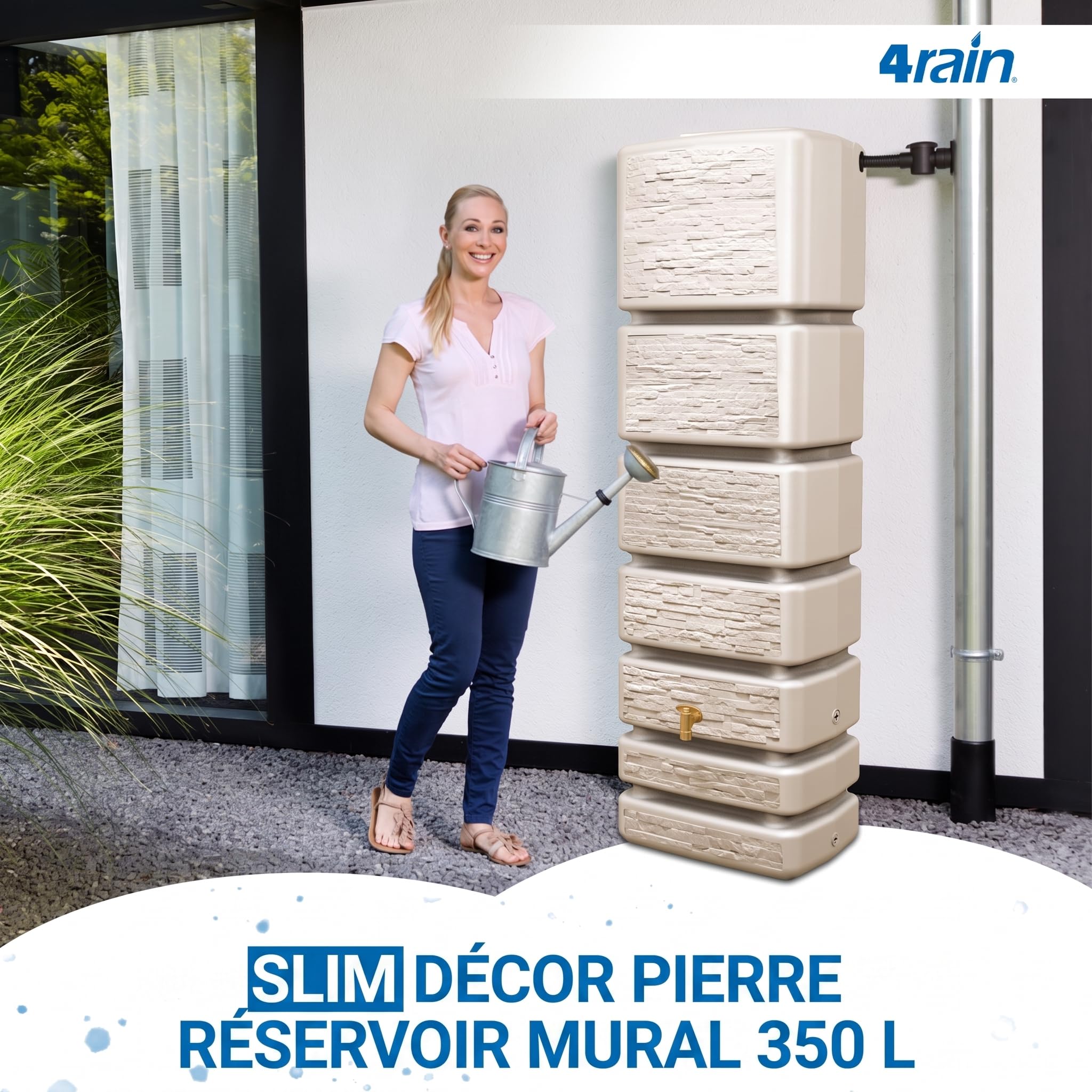 4rain Slim Stone Decor Récupérateur d'eau de Pluie 350 litres Sable Beige