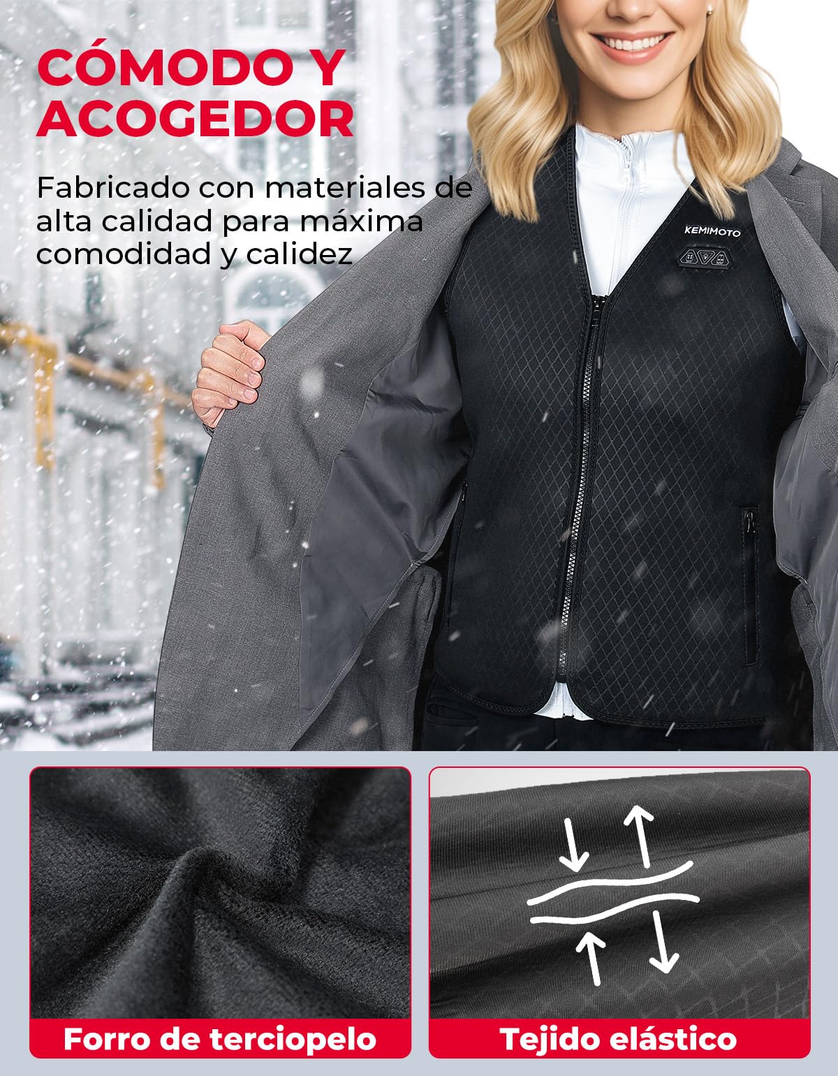 KEMIMOTO Chaleco Calefactable Mujer, Chaleco Térmico Corte Elegante y Ajustado con 6 Zonas de Calentamiento, Chaleco Cálido para Campar, Esquí, Pesca, Actividades al Aire Libre (Sin Batería)