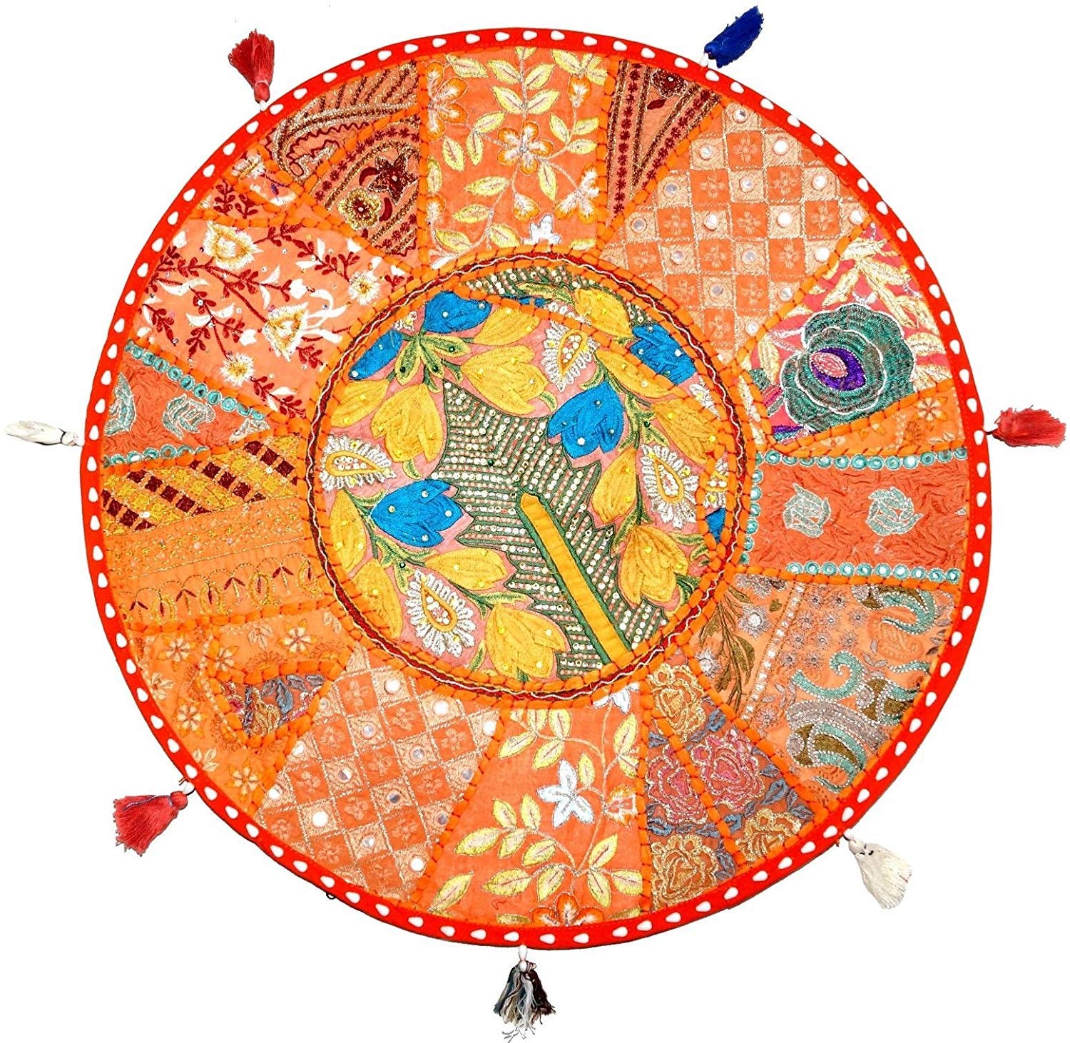 Sophia Art Round Floor Pillow Cushion Patchwork Pouf Ottoman Vintage Indian Foot Stool Bean Bag Floor Pillow Cover Home Decor Living Room Ottoman Bohemain Pillows (Orange, 28 Inch)