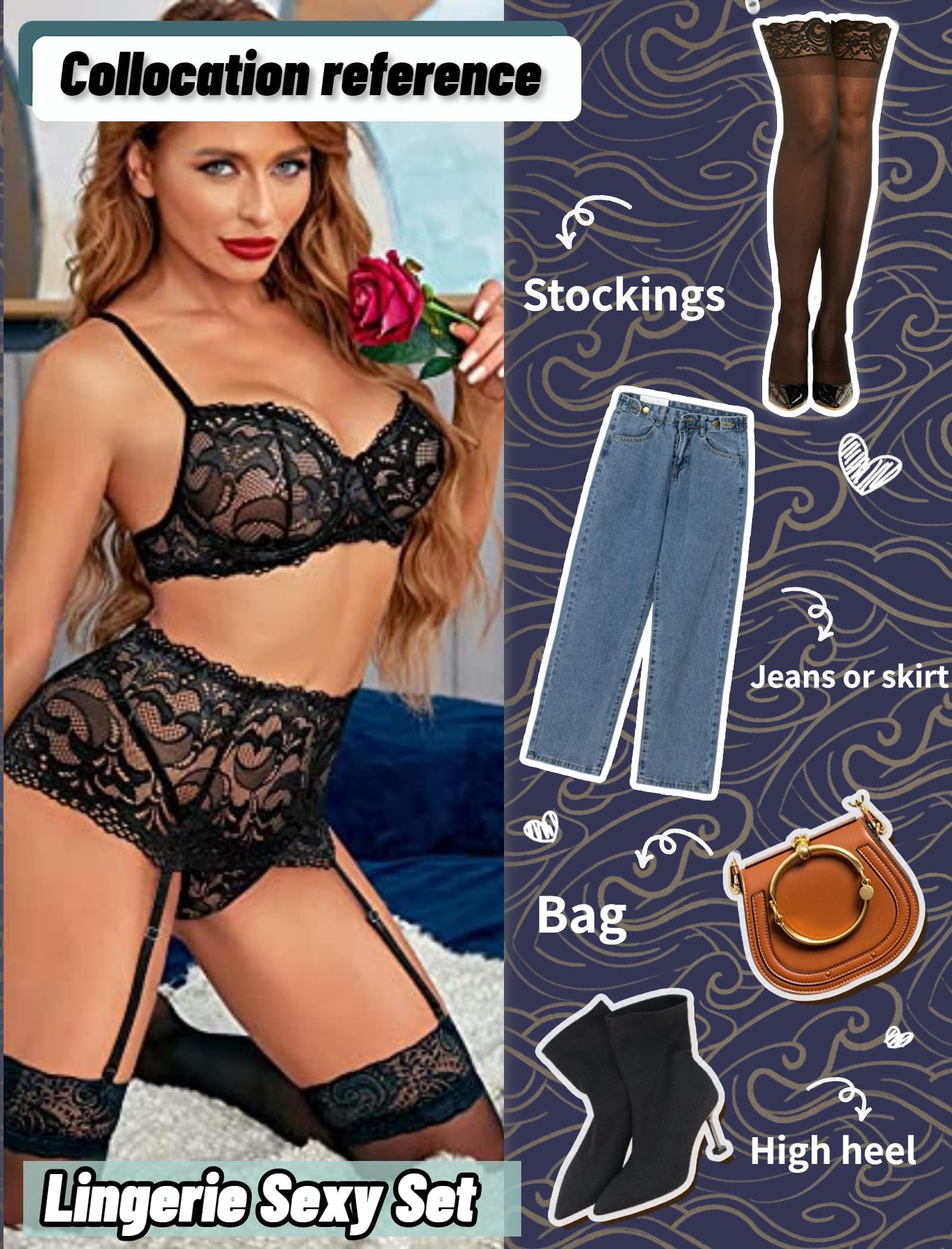 Avidlove Women Lingerie Set High Waisted Underwire Lingerie With Garter Belt Lace Babydoll: Large Black