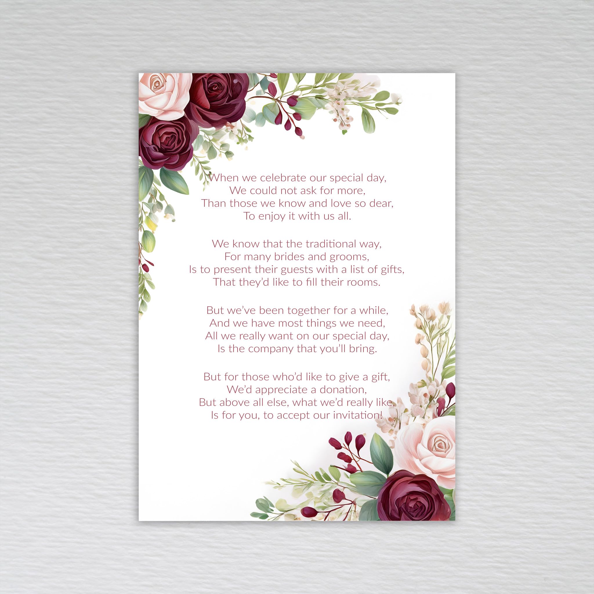 Burgundy Wedding Money Poem Cards – Elegant Floral Rose & Eucalyptus Design with Burgundy & Maroon Tones, Wedding Money Gift Request Cards (Pack of 20 without Envelopes)