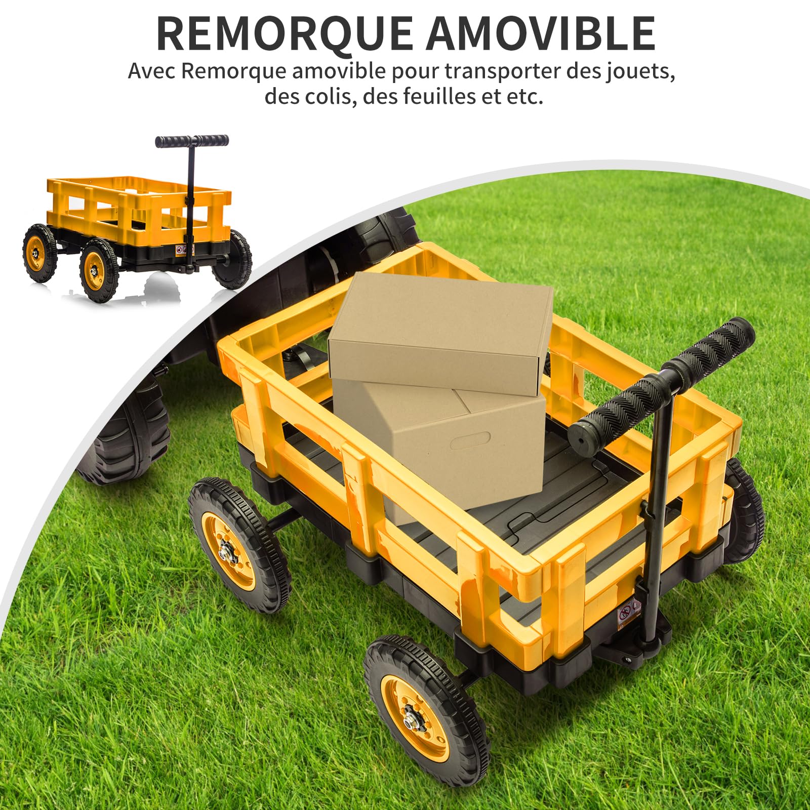 Garvee Trattore Elettrico per Bambini 12V, con Rimorchio Rimovibile, Giallo | 6 Ruote, Clacson, Musica Integrata, Radio, Connessione Wireless e Porta USB
