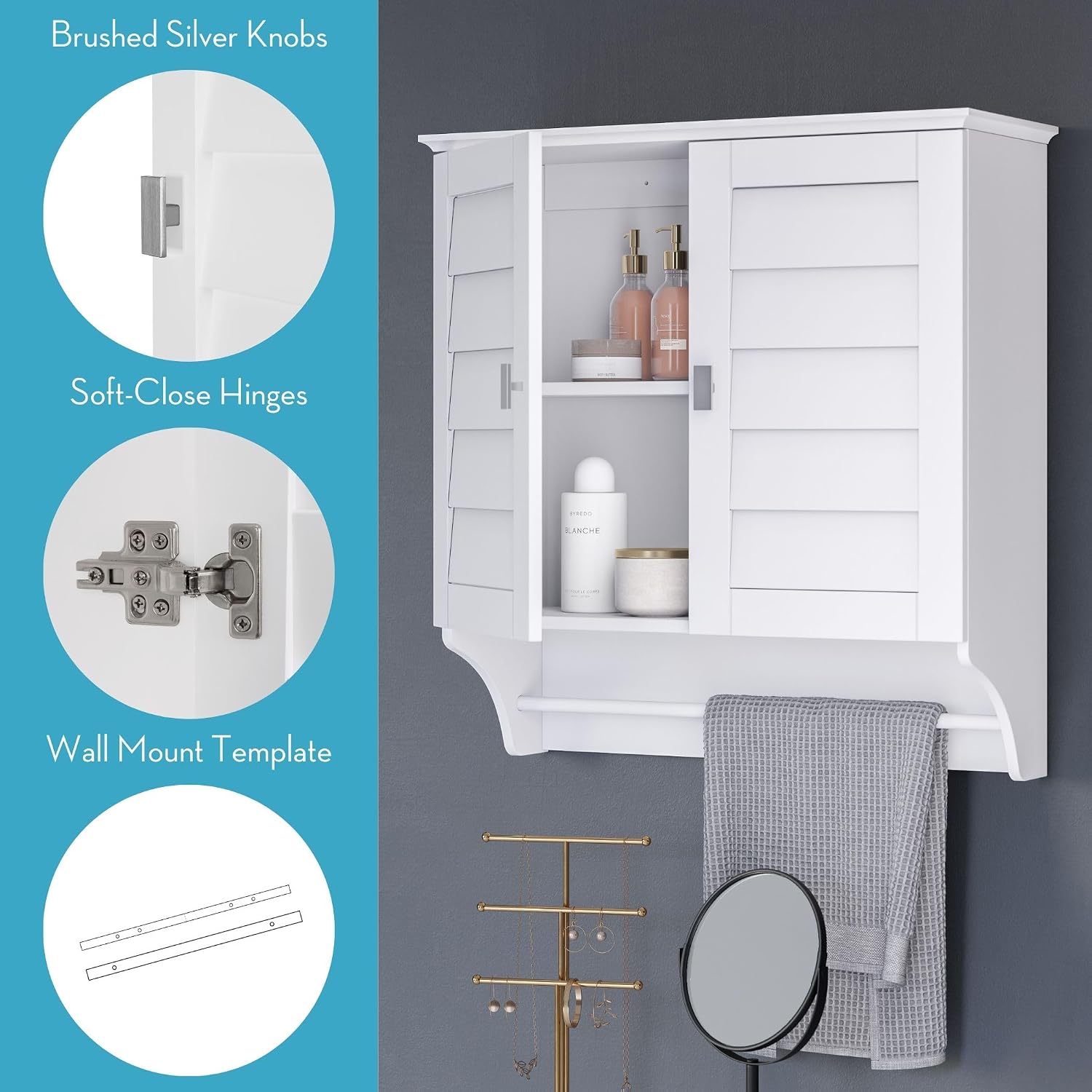 RiverRidge Brookfield Bathroom Cabinet with 2 Shutter Doors & Towel Bar – White Wall-Mounted Medicine Cabinet for Storage & Organization - Brushed Nickel Knobs, Easy Assembly