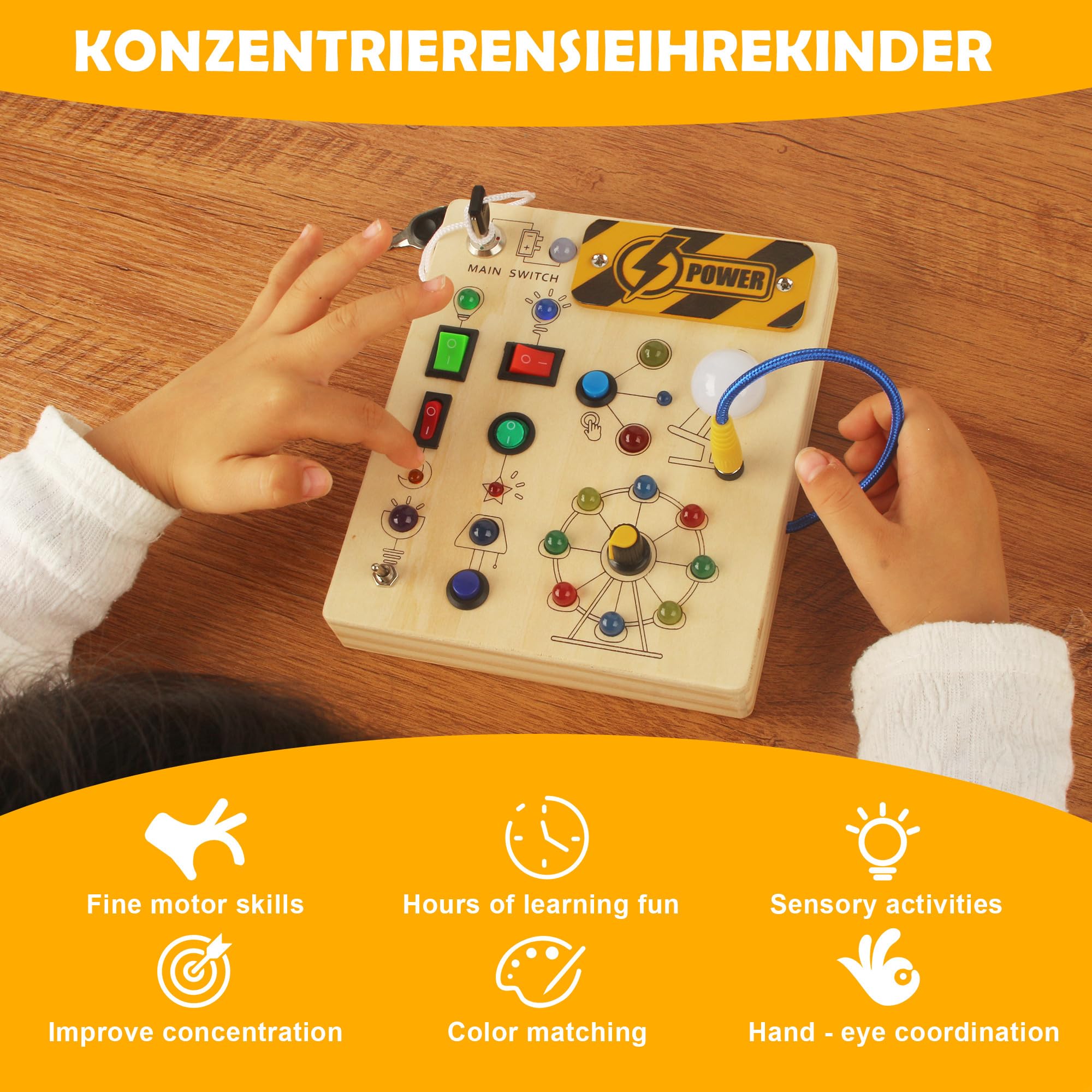 Montessori Busy Board ab 1 Jahr, Activity Board Holzspielzeug mit LED Lichtschaltern, Montessori Spielzeug Motorikspielzeug Sensorik Lernspielzeug, Geschenk Jungen und Mädch ab 1 2 3 4 Jahr