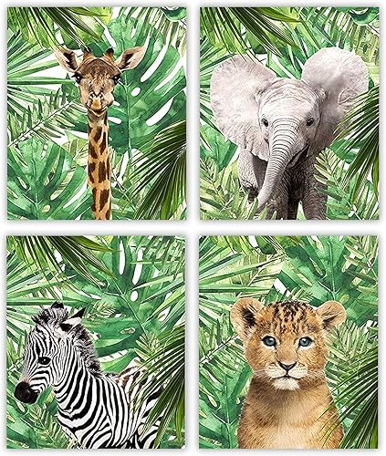 MARIA Safari - Decoración para cuarto de bebé, juego de 4 pinturas de pared sin marco, decoración de habitación de bebé, temática de selva,