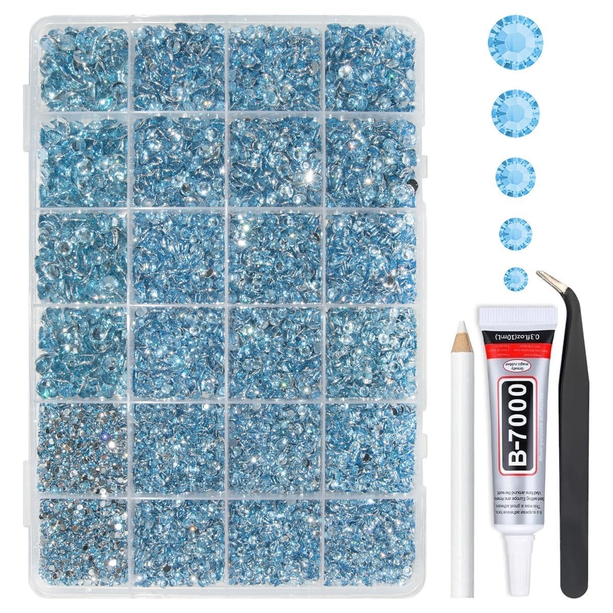 qiipii Light Blue Resin Rhinestones w B7000 Glue for Bedazzling Crafting 2mm-6mm Sky Blue Flatback Stones Diamonds Crystals Gems Bedazzler Kit for