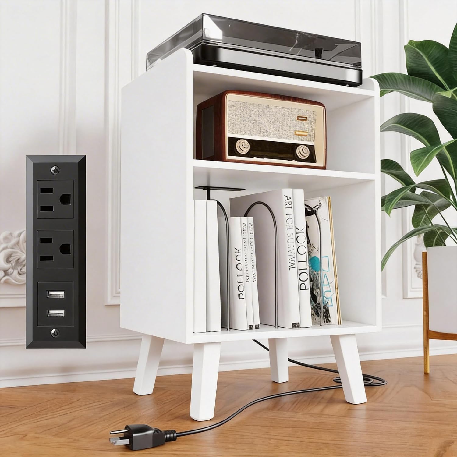 Record Player Stand, Turntable Stand with Record Storage and Charging Station & USB Ports, Record Player Table with Metal Divider, Record Stand Up to 160 Albums for Living Room, Bedroom, White