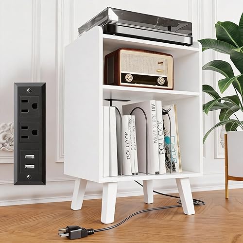 Miniatura 9 de Soporte para tocadiscos, soporte para tocadiscos con almacenamiento de discos y estación de carga y puertos USB, mesa de tocadiscos con divisor de