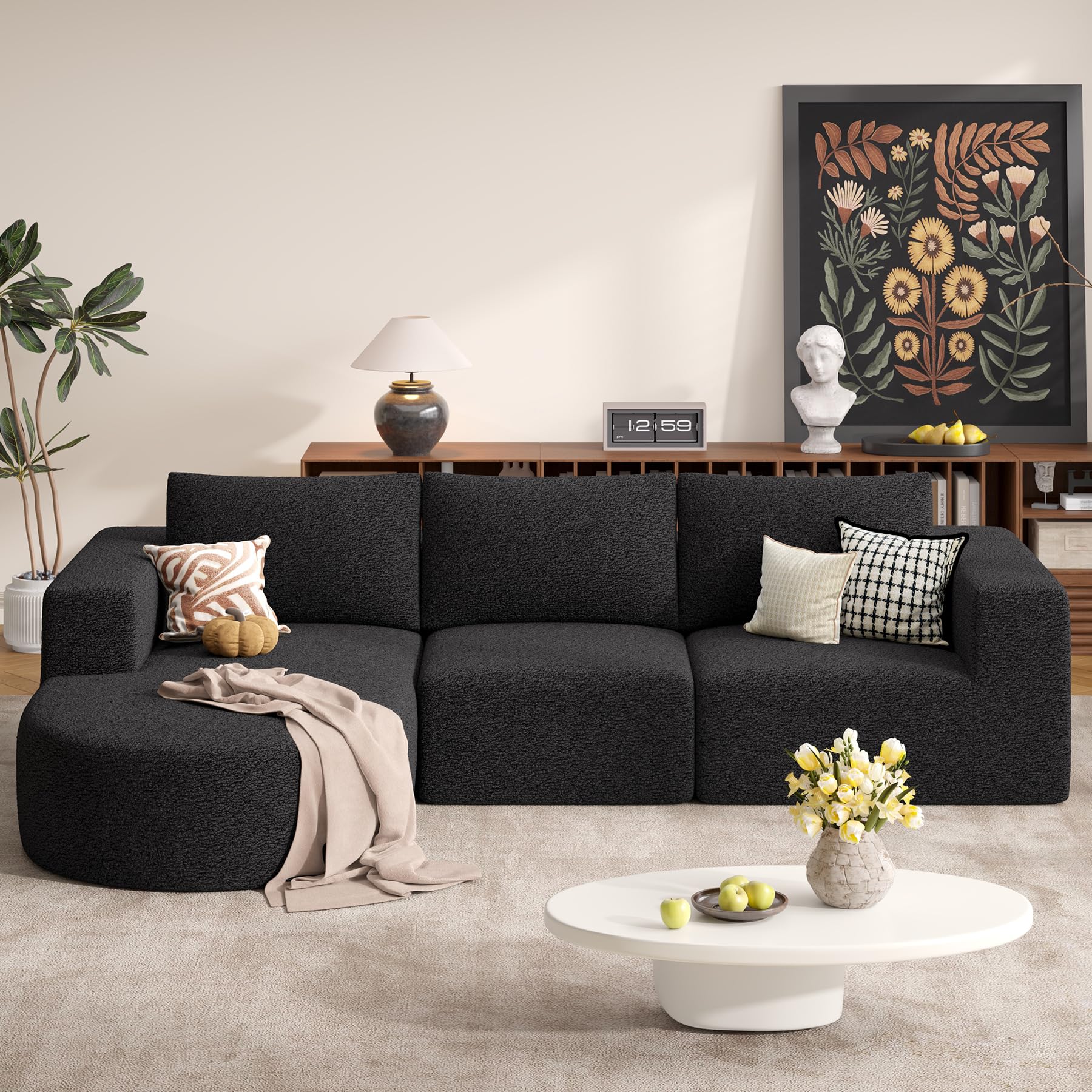 Modular Sectional Sofa with L-Shape Chaise,Cloud Sectional Modern Sleeper Couch with Deep Seat,Sponge Compression Sofas No Assembly Required (Black-Sherpa Fabric) 1PCS