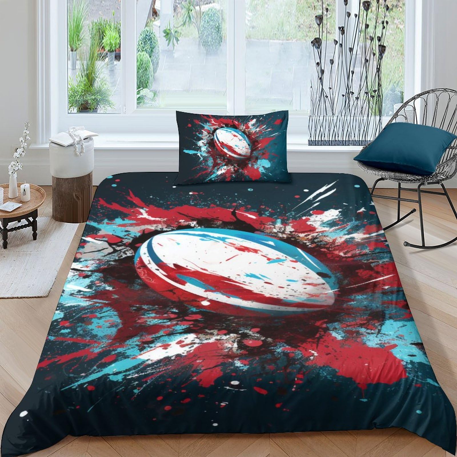 AAIRRA Rugby Comforter Covers for Teens And Adults 3D Print Graffiti Rugby Duvet Cover Quilt Cover Bedding Set Soft Microfiber with Zipper Closure with Pillow Cases 2 Pieces Single（135x200cm）