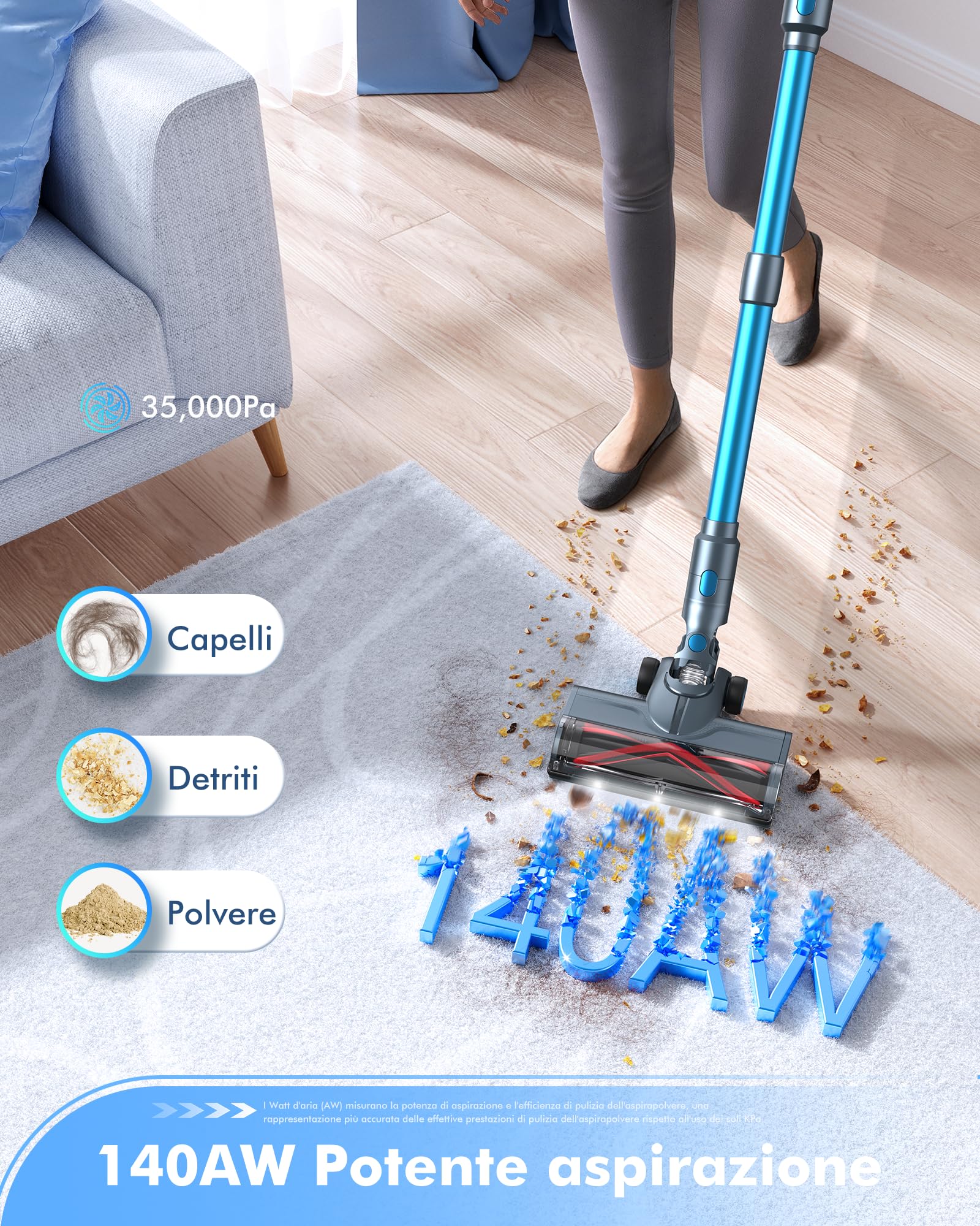 MIUZZY Aspirapolvere Senza Fili 8-in-1, Aspirazione Potente 140AW, Autonomia di 60 Minuti, Ricarica Rapida, Scopa Elettrica per Casa, Peli di Animali Domestici, Pavimenti Duri, Tappeti e Auto-M244 Blu