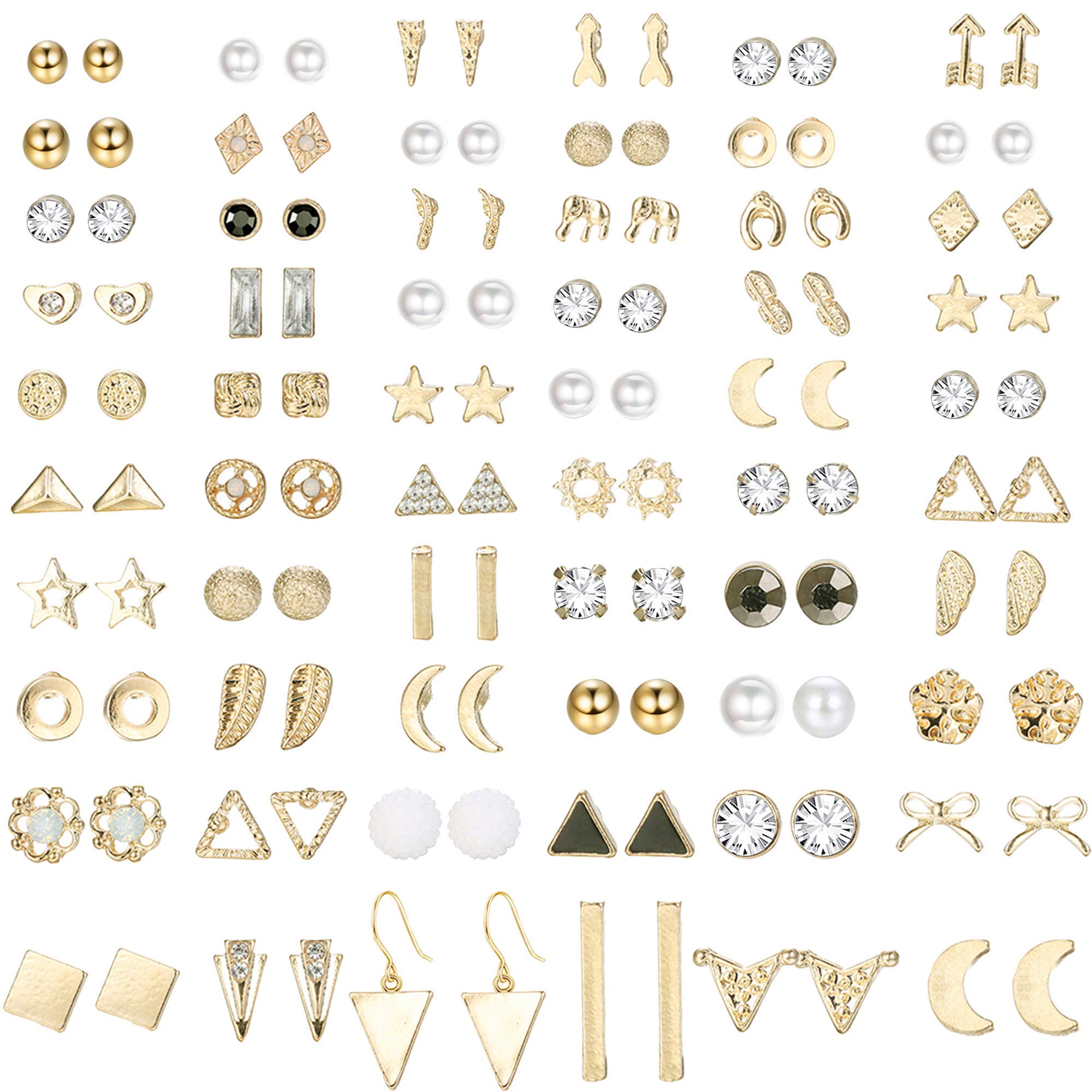 LOLIAS60 Pares Acero Quirúrgico Stud Pendientes Para Mujeres Hombres Estrella Luna Hoja Geométrica De Circonita Cúbica Piercing Oreja De Aretes De Perlas Sintéticas