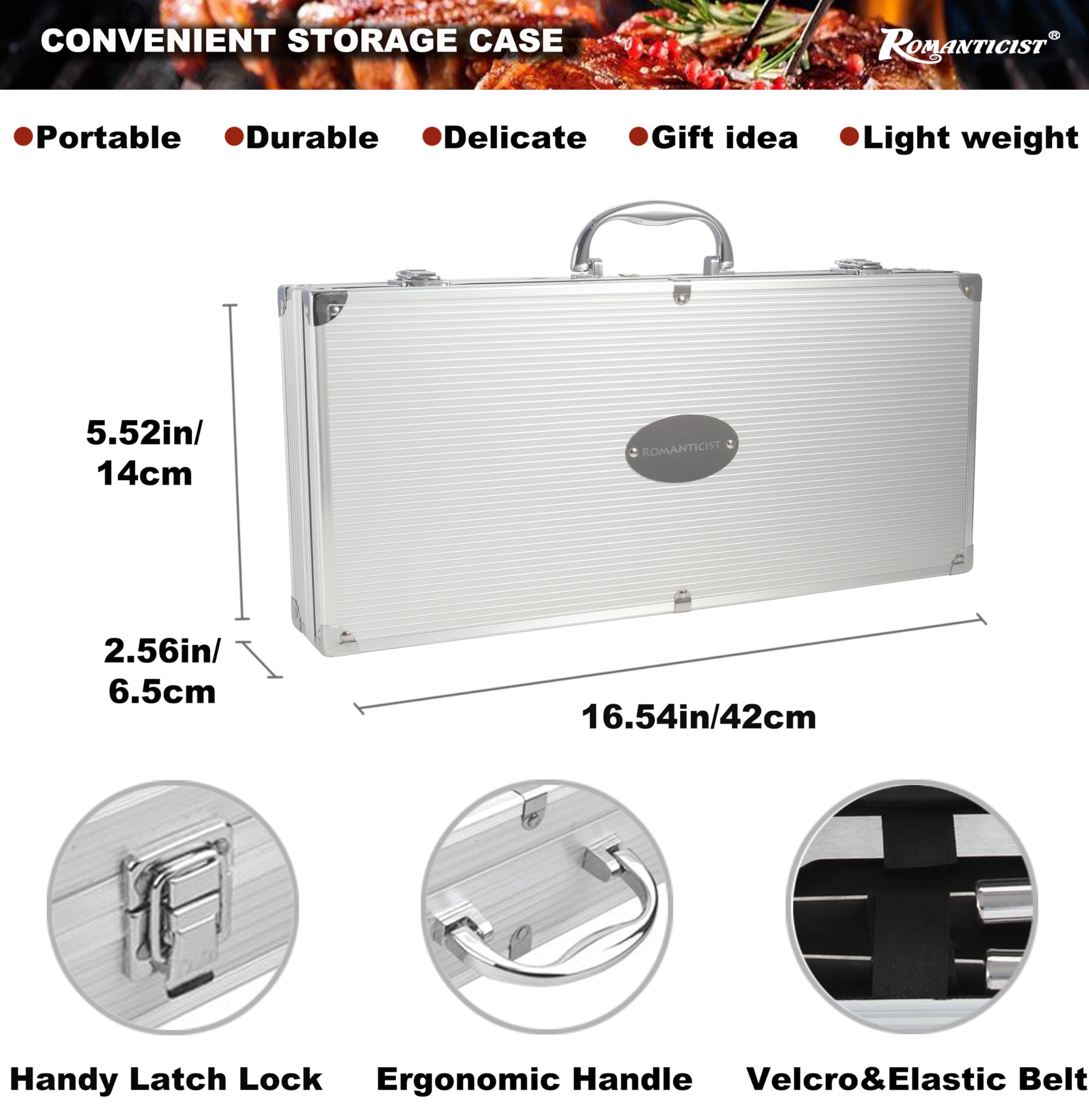 ROMANTICIST Set di 20 utensili per barbecue in custodia, il miglior regalo per la festa del papà e Natale, set di accessori professionali per barbecue per cucinare all'aperto, campeggio, grigliare
