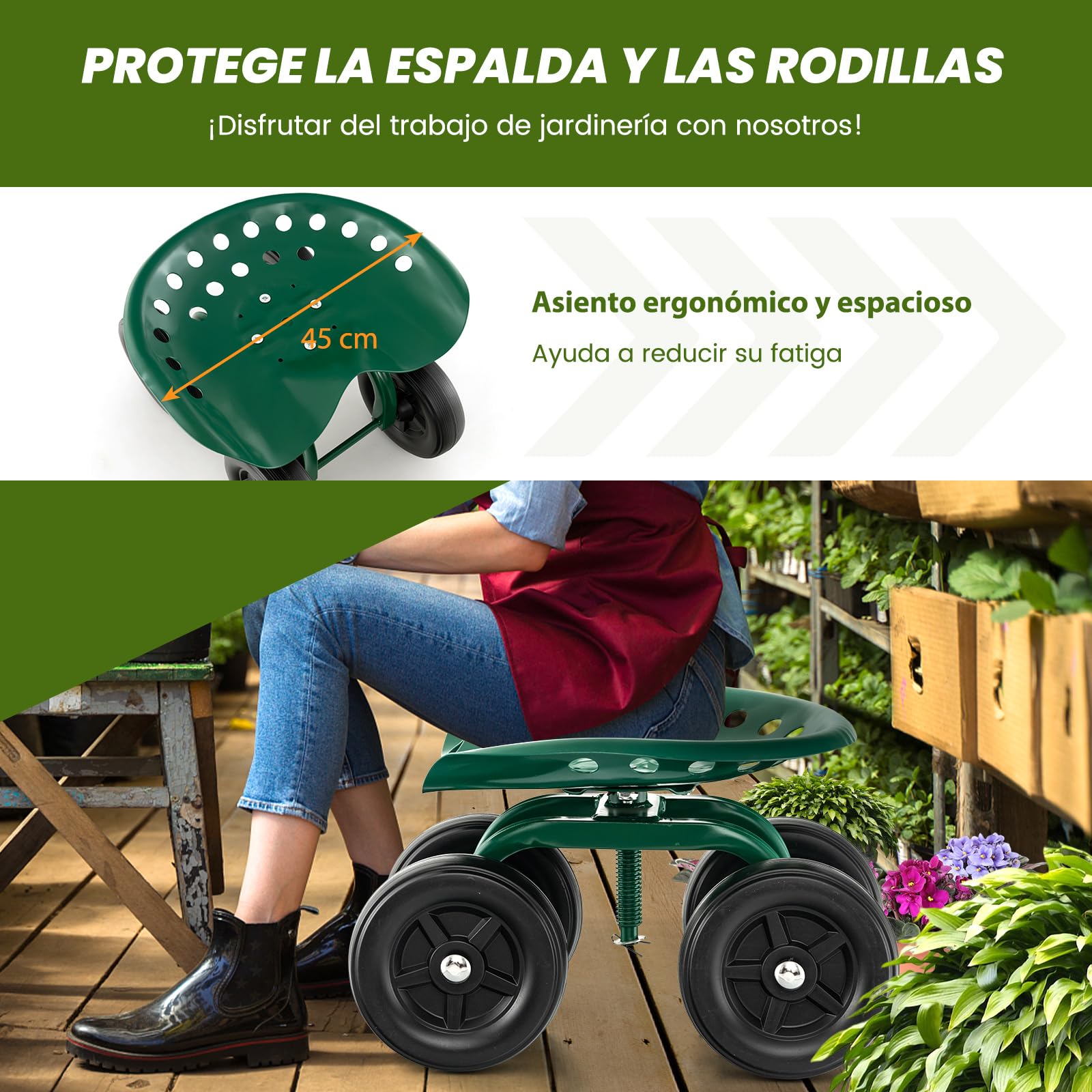 COSTWAY Carrito de Jardín con Asiento Giratorio de 360° y Altura Ajustable, Carro de Taburete de Jardinería con Ruedas, Taburetes Móvil para Jardinería para Jardín, Césped y Patio Trasero (Verde)