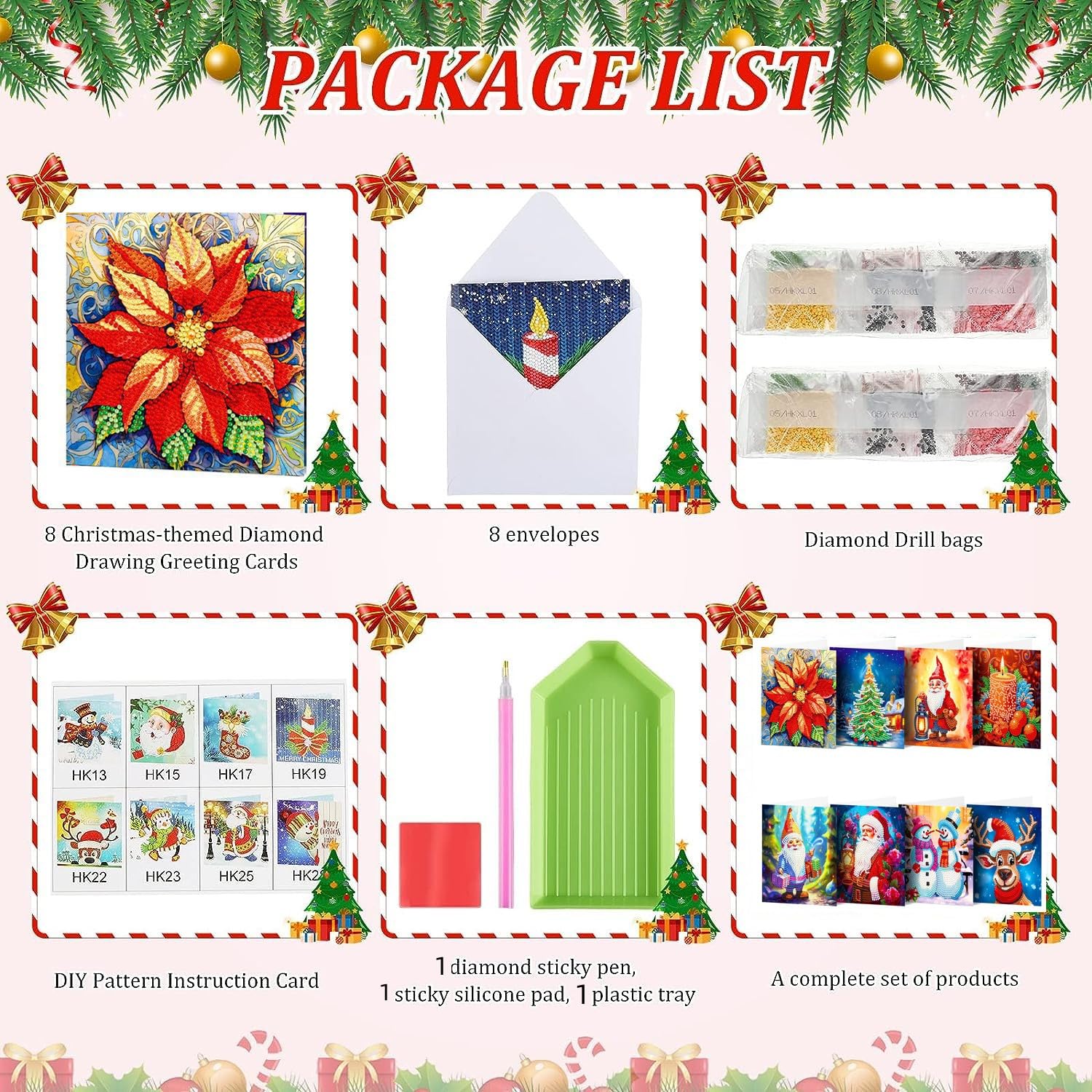 Kit 8 Biglietti Di Natale Con Diamond Painting - Albero, Babbo Natale E Auguri Con Strass E Adesivi - Foto 9