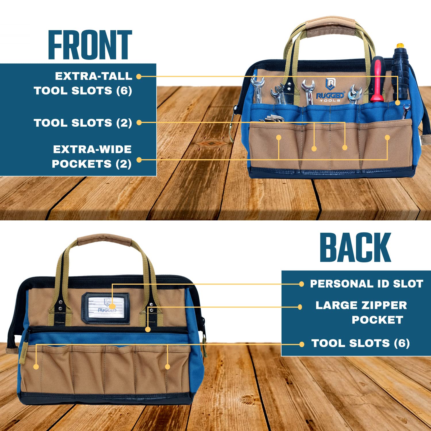 Rugged Tools Field - Bolsa de herramientas de boca ancha de 35,56 cm, bolsa de herramientas de lona suave para fontaneros, electricistas, carpinteros y manitas