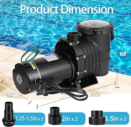 Miniatura 7 de Bomba de piscina de 1.5 HP 6500 GPH autocebante ensobre el suelo Bomba de piscina 110V220V Bombas de doble voltaje de una sola velocidad con cesta