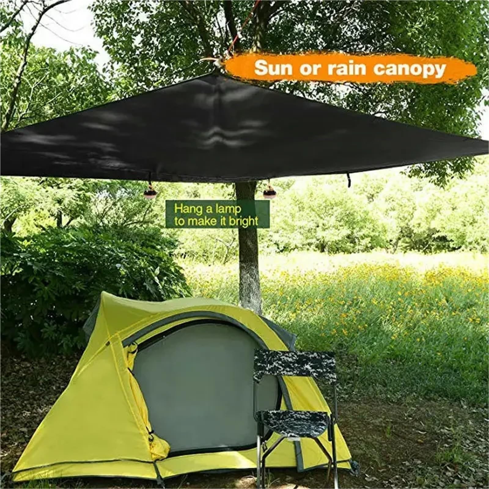 Bâche imperméable 350 x 280 cm - Tente de camping - Hamac - Anti-UV - Auvent de jardin - Pare-soleil ultra léger (kaki)