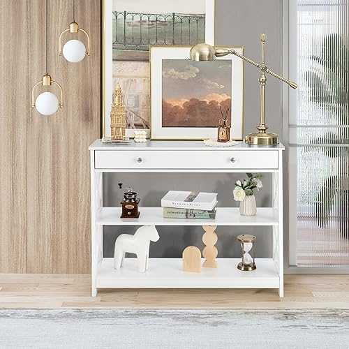Miniatura 39 de Giantex Mesa de entrada de 3 niveles con almacenamiento, mesa consola estrecha con cajones y estantes, mesas auxiliares de sofá de diseño X para