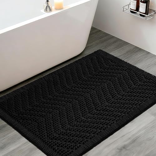 Upgraded Waffle Bath Mat, 36"x24" Black-Herringbone, Super Absorbent Non-Slip Quick Dry Bathroom Rugs with Tassels, Machine Washable Ultra Soft Boho Bath Rugs, Toilet Mats Boho Farmhouse Decor - 70% off