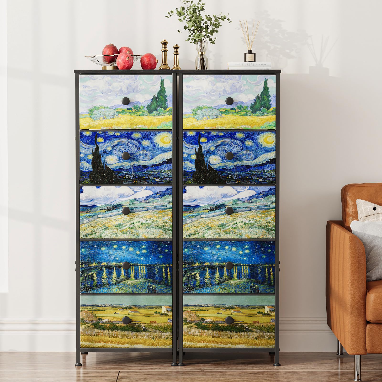 Cassettiera con cassetti in tessuto, stile Van-Gogh, sottile, per camera da letto, armadio, corridoio, soggiorno, cameretta (5 cassetti)