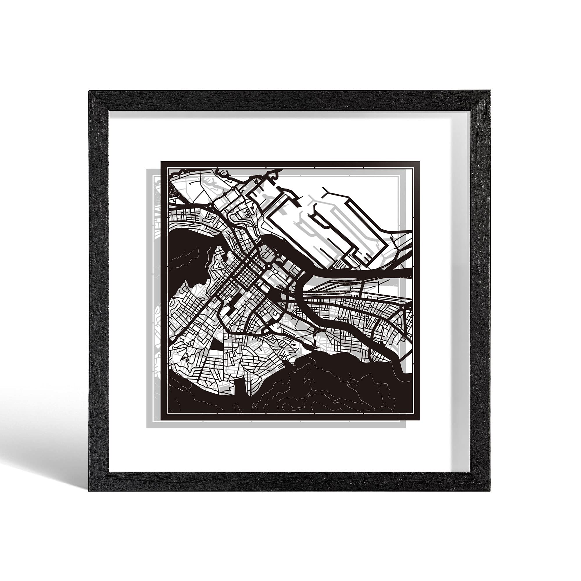 O3 DESIGN STUDIO Cape Town Paper Cut Map framed, Black map, Black frame, 23x23 cm, Gift Boxed, 2 background color, self-changing, Paper Art — image 1