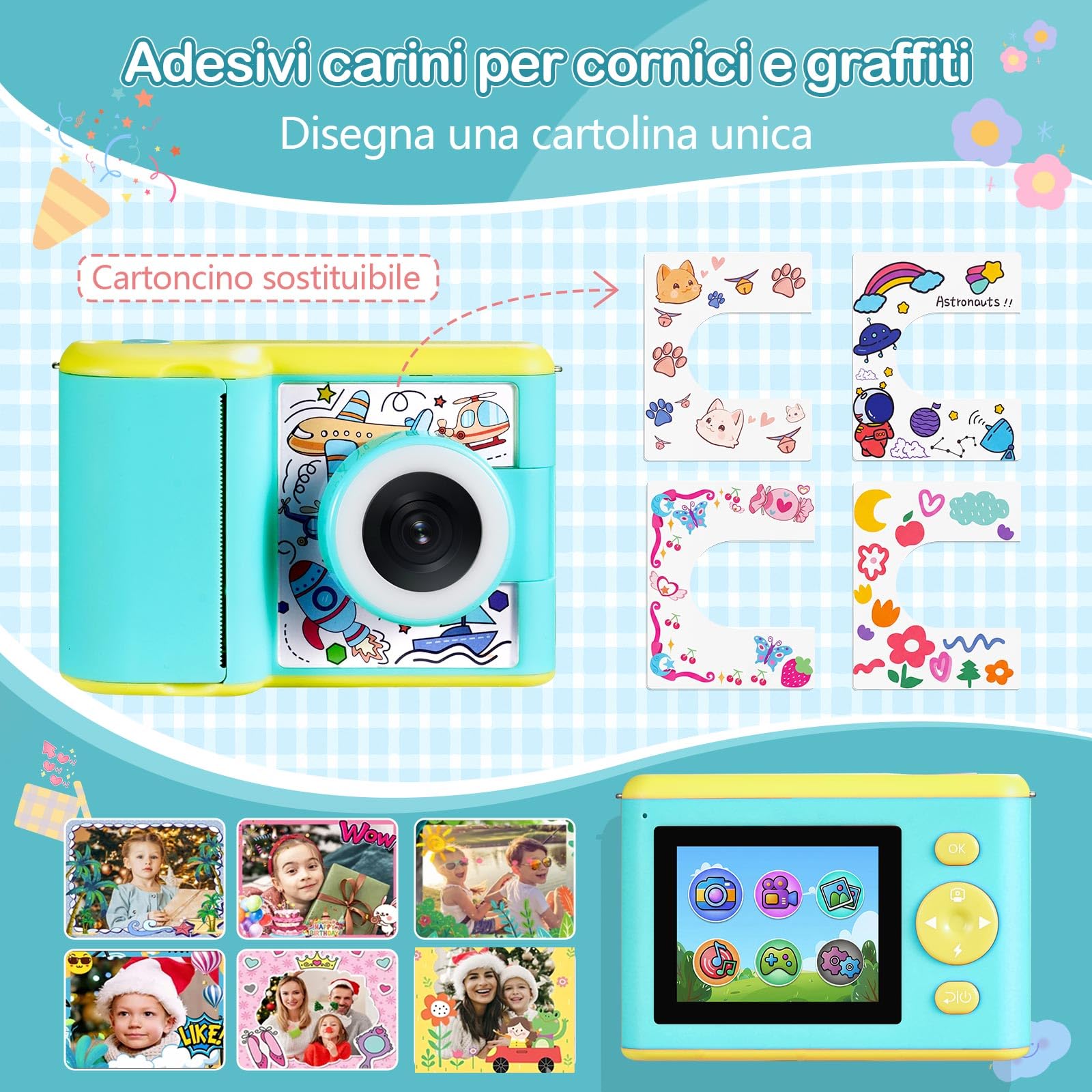 Macchina Fotografica Bambini Istantanea,Schermo IPS 2,4" Modalità Selfie e Video, 32 GB + 3 Rotoli di Carta Fotografica, Giocattolo Regalo per Natale/Compleanno Ragazze Ragazzi 3-14 Anni (Blu)