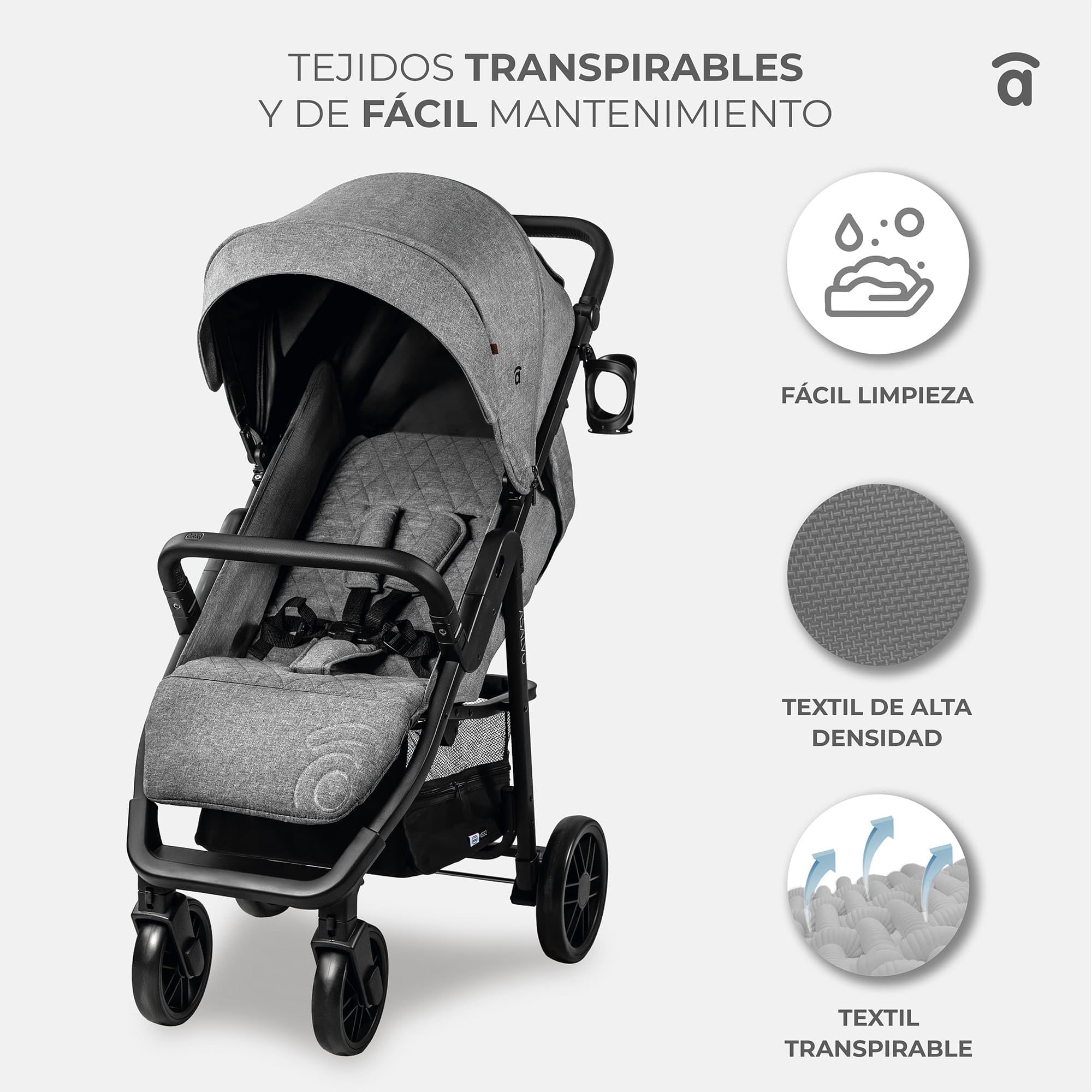 Asalvo NESS 2 Silla de Paseo para bebé, Carrito de paseo con Respaldo Reclinable, Cochecito urbano, Arnés 5 Puntos, SPF50+, Gran Capota con Ventana, Manejable y Máxima Seguridad Hasta 24 kg, Gris