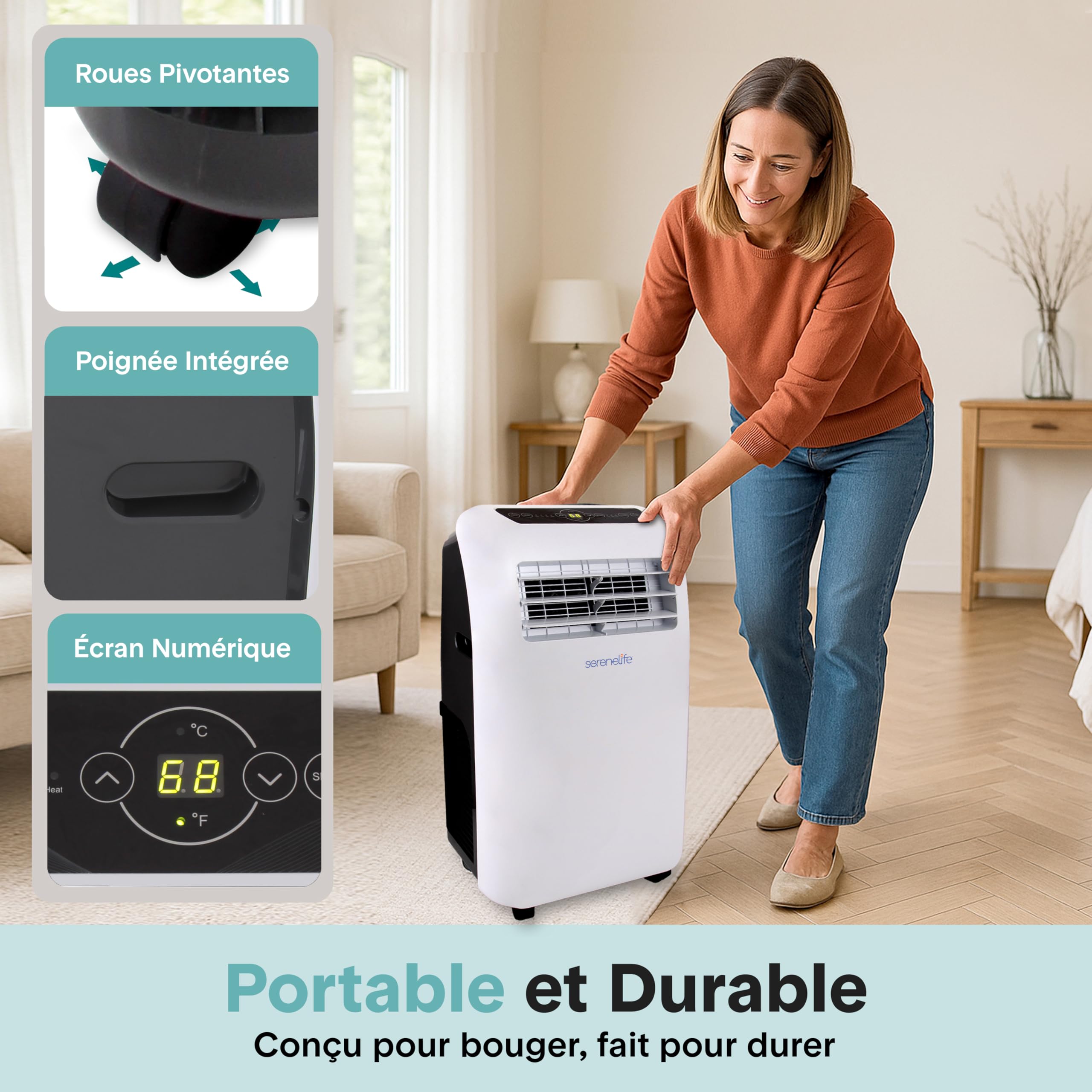 SereneLife Climatiseur Mobile 9000 BTU avec Chauffage – Climatiseur Réversible Portable 4 en 1, jusqu’à 41 m², Déshumidificateur, Ventilateur, Télécommande, Kit Fenêtre, Blanc