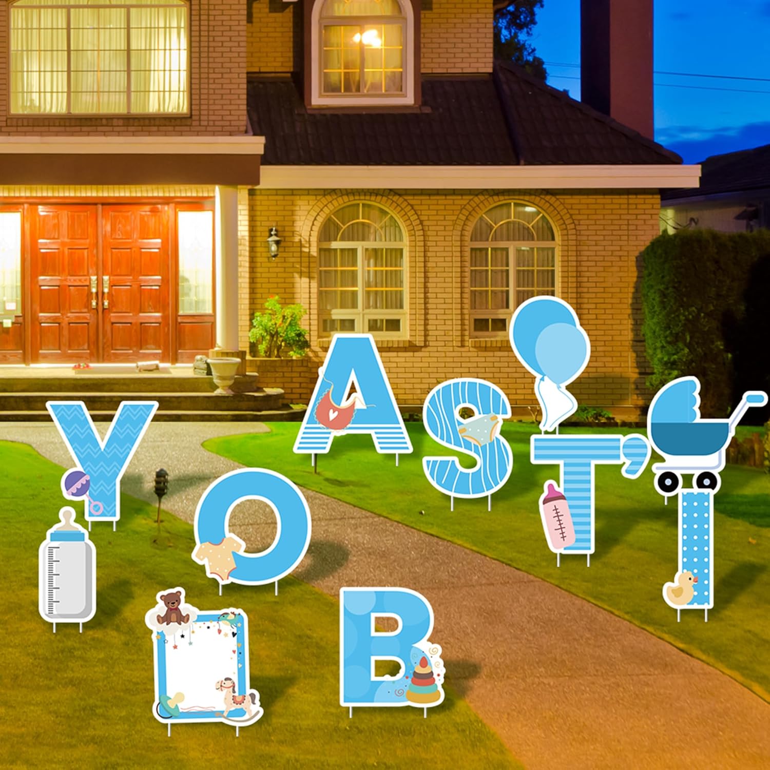 Elcoho 11 Pieces IT’S A Boy Blue Yard Signs with Stakes Includes Letters, Ballon, Baby Bottle, Baby Pacifier Sign for Outdoor Decoration, Gender Reveal Baby Shower, Party Decoration