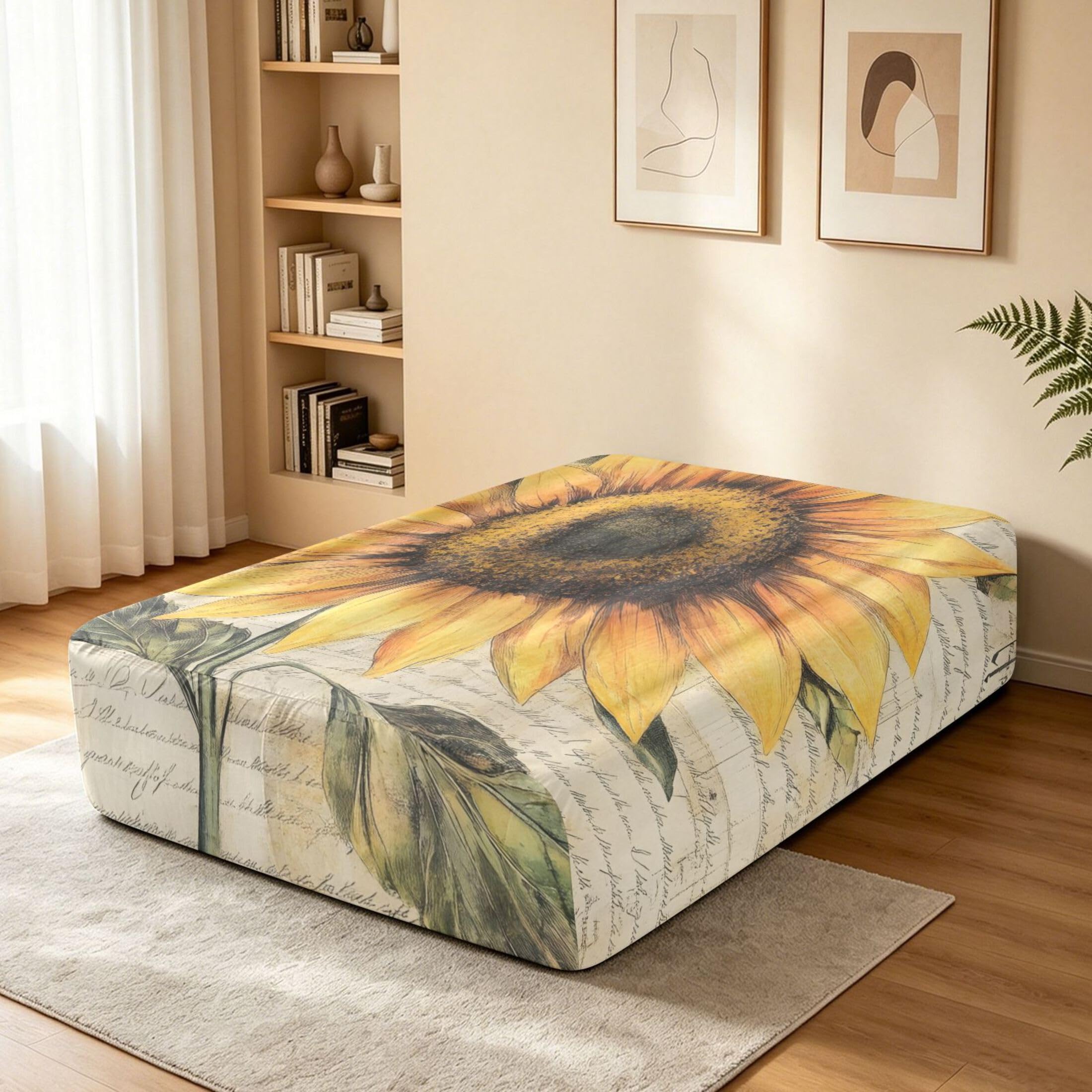 Sábana bajera ajustable de tamaño individual con diseño de girasol vintage para colchón de aire, bolsillo extra profundo de 24 pulgadas, funda suave y transpirable con apertura de válvula de