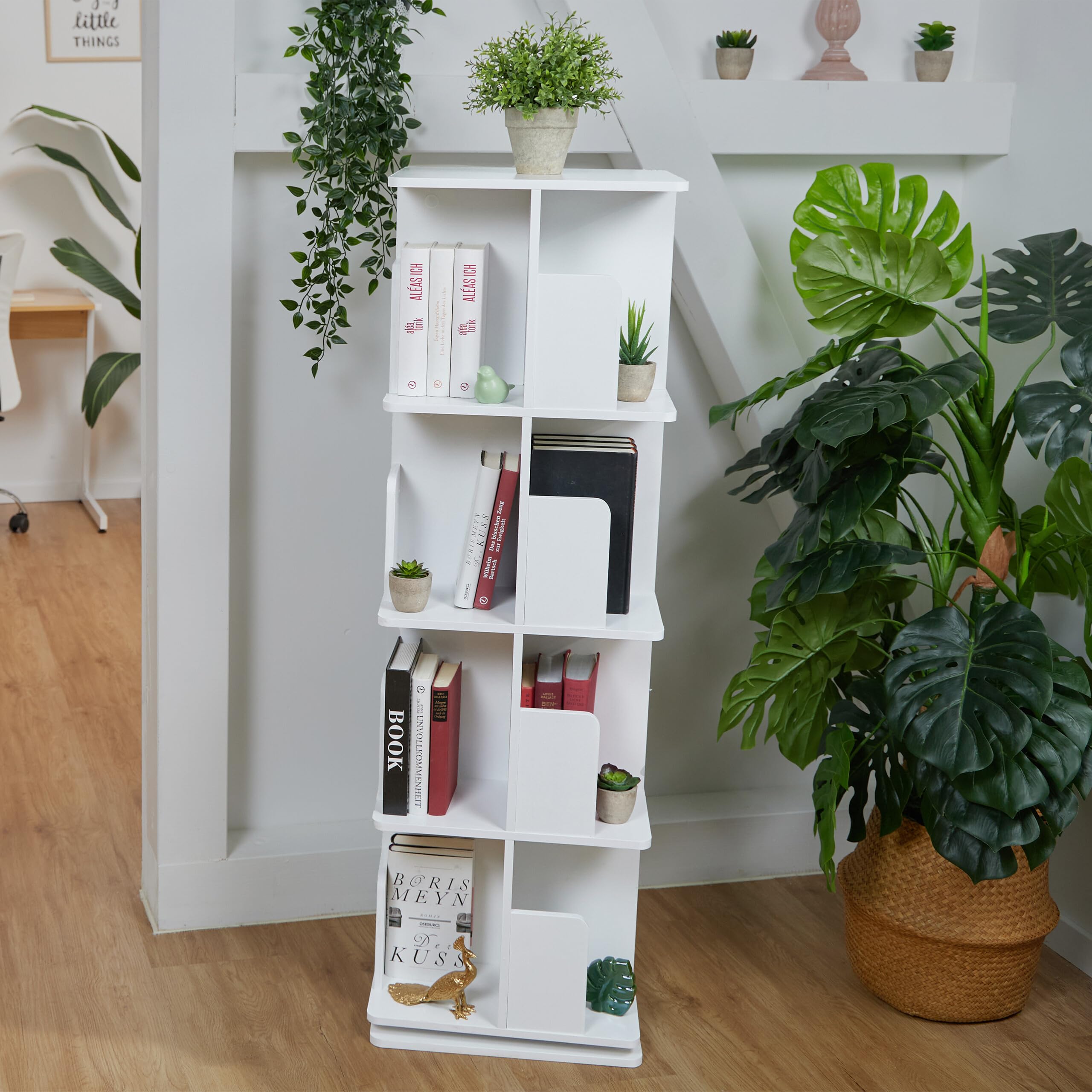 Relaxdays Libreria Girevole, 4 Ripiani, Scaffale Porta Libri, CD, Dvd, Torre Colonna Rotante HLP: 125,5x39x39 cm, Bianco