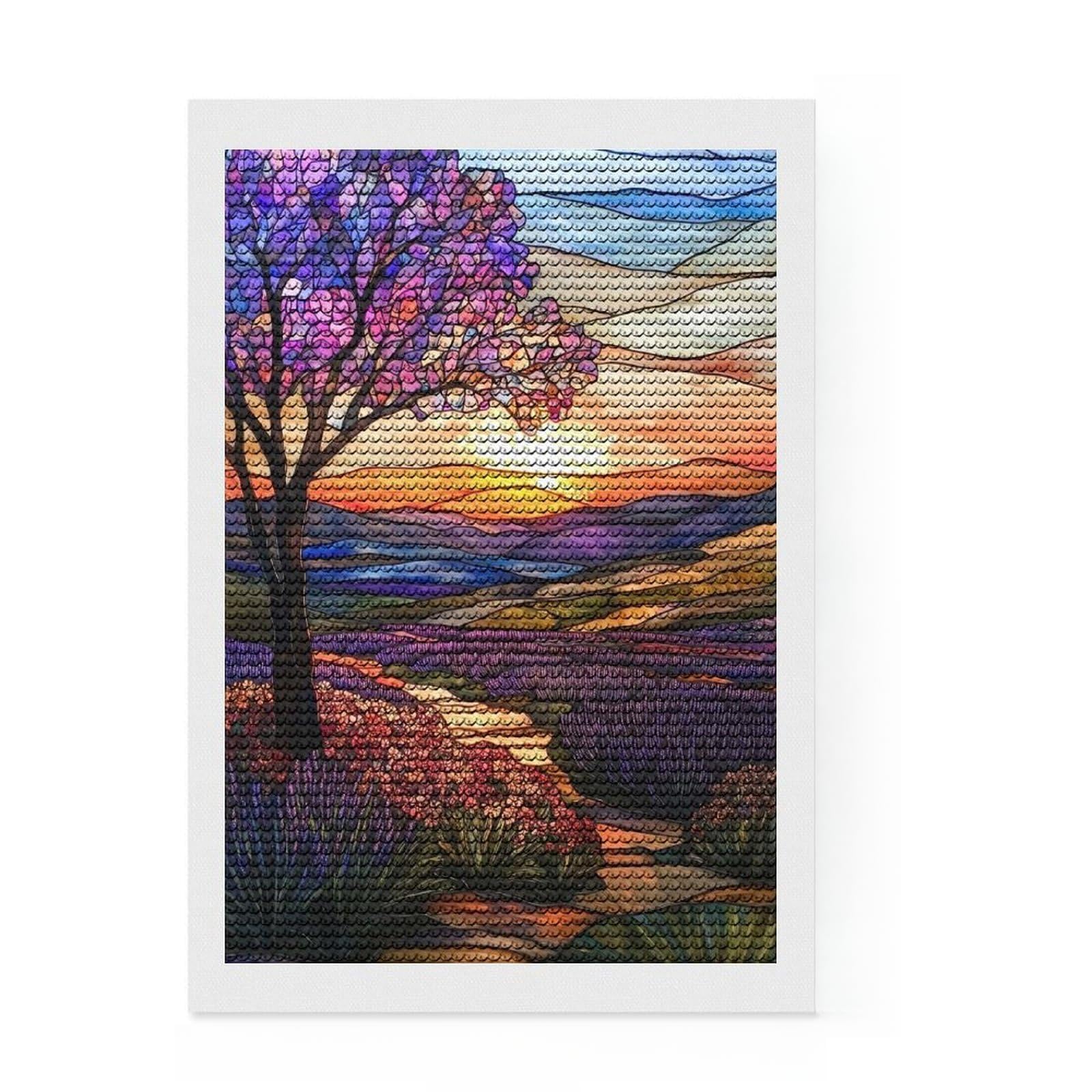 Junmoney Stained Glass Sunset Landscape 5D Diamond Painting Kit 8"x12", Round Gems, Aesthetic Room Decor, Seasonal Gift Choice, Gift Idea, Leisure Activity