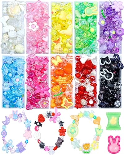 750PCS FIVEIZERO Assorted Acrylic Beads for Bracelet Making, Flower Star Heart Butterfly Candy Gummy Bear Kawaii Aesthetic Cute Beads for Jewelry Making, Keychains, Necklace, Phone Charms, DIY Crafts - 10 Colors Bracelet Making Kit