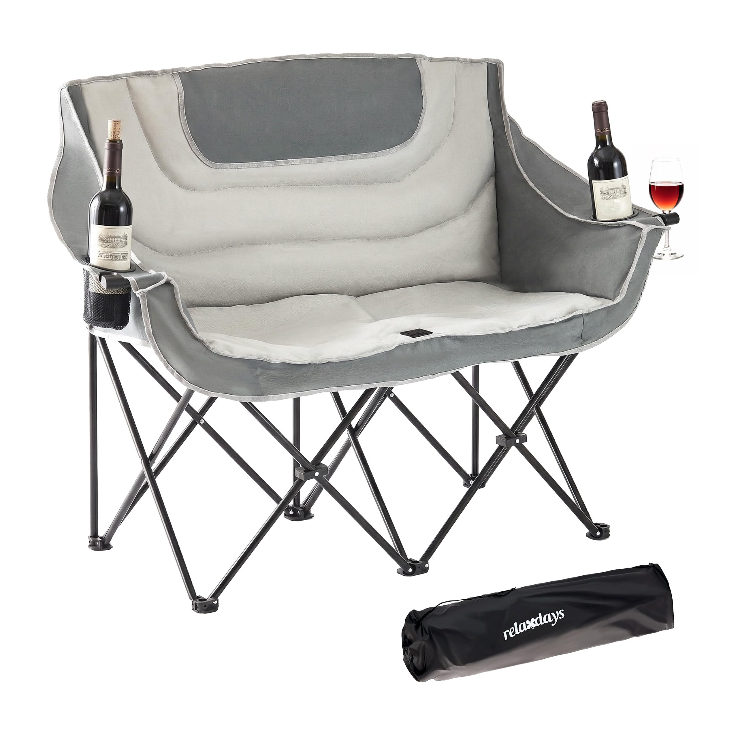 Relaxdays Chaise de Camping Double Pliable, Sac de Transport, Porte-gobelets, 272 kg, Polyester et métal, Gris