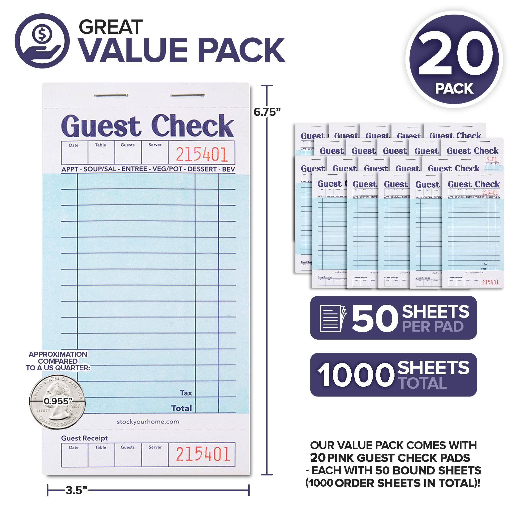 Lot de 20 carnets de contrôle pour invités – Blocs-notes de serveur – Blocs de commande numérotés – 1000 chèques invités au total – 1 partie en papier bleu avec reçu d'invité – Blocs de contrôle pour